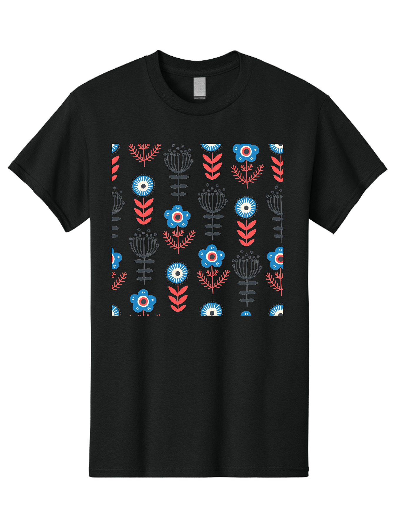 Flower-Pattern Men'S Graphic Tee, 100% Cotton, Comfortable Casual Summer Wear, Machine Washable, Blue Flowers, Pink Chevrons, Floral Design, Abstract Patterns, Decorative Elements, Vibrant Colors, Stylized Blooms Aab739