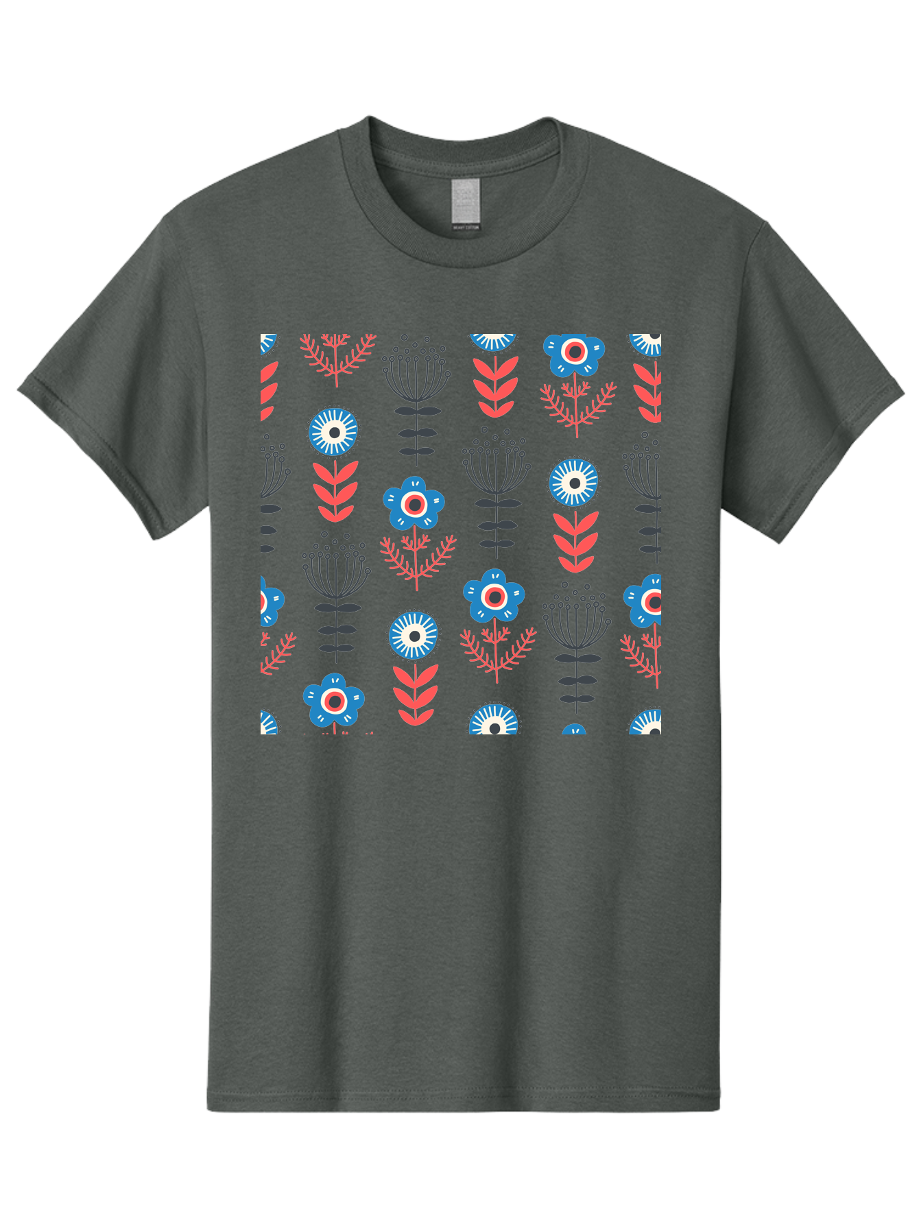 Flower-Pattern Men'S Graphic Tee, 100% Cotton, Comfortable Casual Summer Wear, Machine Washable, Blue Flowers, Pink Chevrons, Floral Design, Abstract Patterns, Decorative Elements, Vibrant Colors, Stylized Blooms Aab739