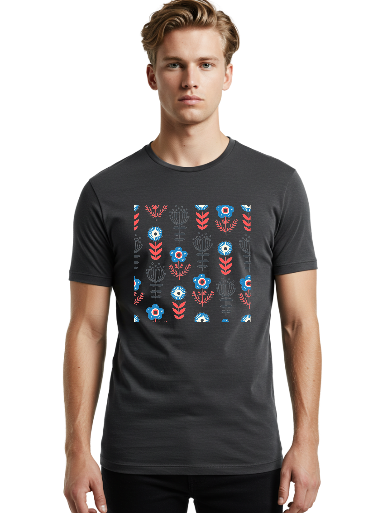 Flower-Pattern Men'S Graphic Tee, 100% Cotton, Comfortable Casual Summer Wear, Machine Washable, Blue Flowers, Pink Chevrons, Floral Design, Abstract Patterns, Decorative Elements, Vibrant Colors, Stylized Blooms Aab739