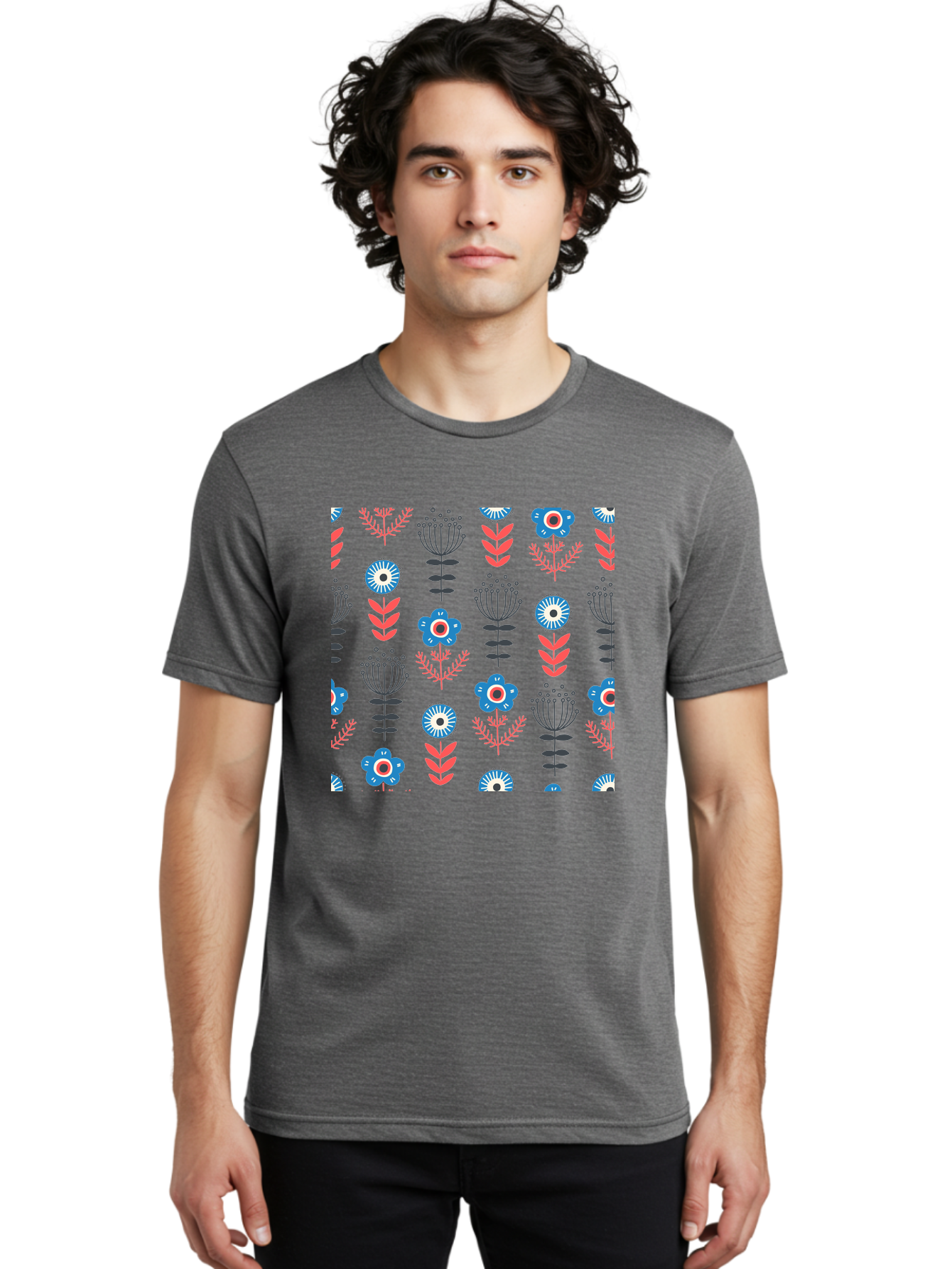 Flower-Pattern Men'S Graphic Tee, 100% Cotton, Comfortable Casual Summer Wear, Machine Washable, Blue Flowers, Pink Chevrons, Floral Design, Abstract Patterns, Decorative Elements, Vibrant Colors, Stylized Blooms Aab739
