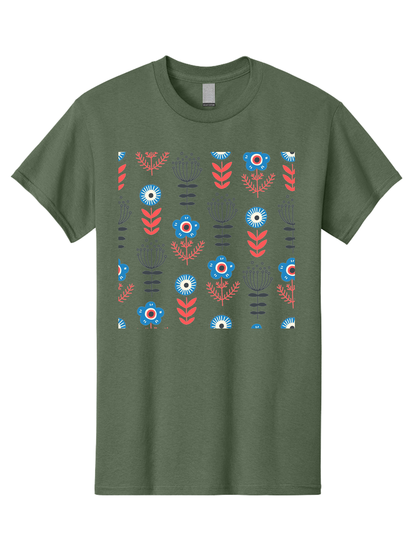 Flower-Pattern Men'S Graphic Tee, 100% Cotton, Comfortable Casual Summer Wear, Machine Washable, Blue Flowers, Pink Chevrons, Floral Design, Abstract Patterns, Decorative Elements, Vibrant Colors, Stylized Blooms Aab739