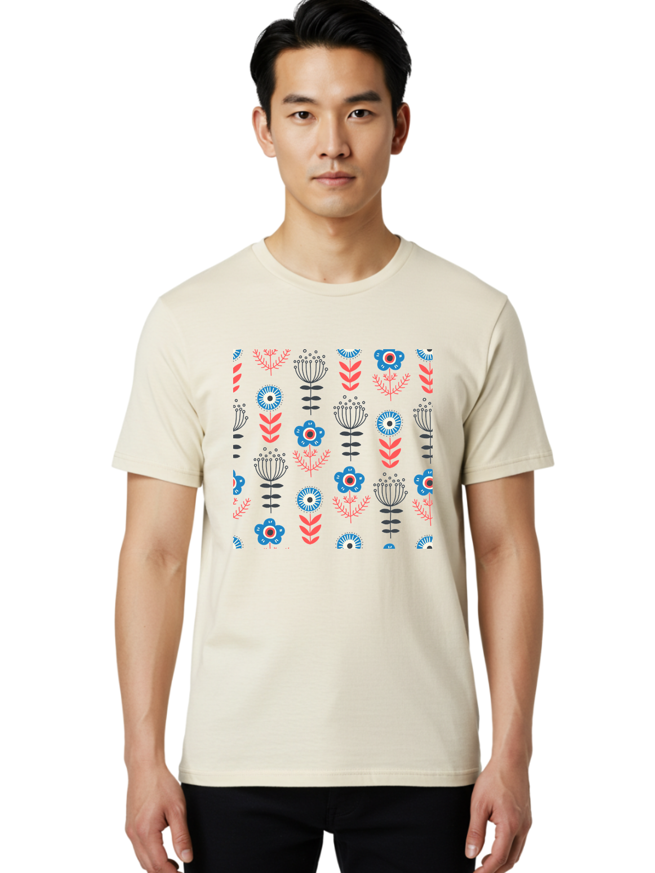 Flower-Pattern Men'S Graphic Tee, 100% Cotton, Comfortable Casual Summer Wear, Machine Washable, Blue Flowers, Pink Chevrons, Floral Design, Abstract Patterns, Decorative Elements, Vibrant Colors, Stylized Blooms Aab739