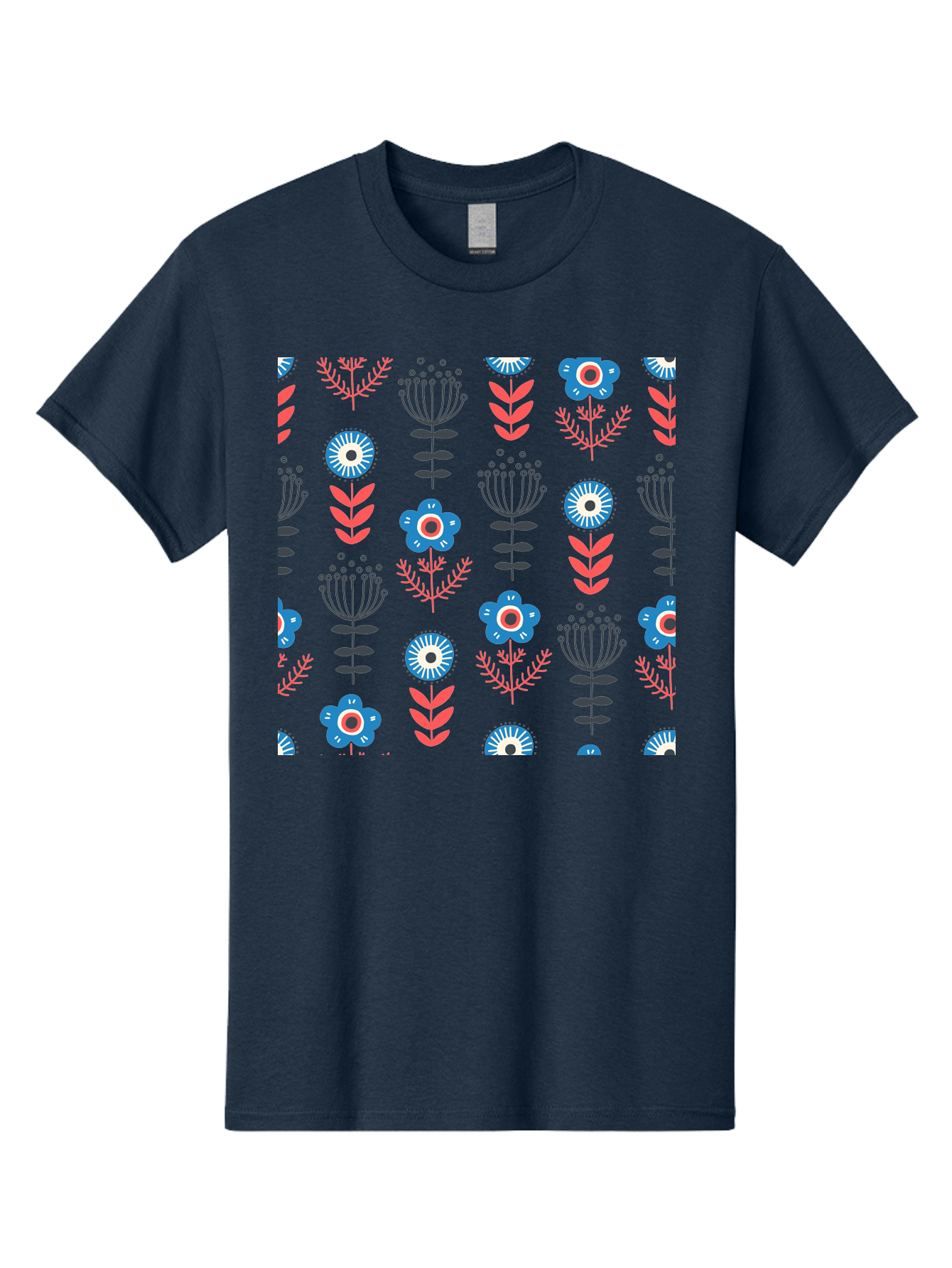 Flower-Pattern Men'S Graphic Tee, 100% Cotton, Comfortable Casual Summer Wear, Machine Washable, Blue Flowers, Pink Chevrons, Floral Design, Abstract Patterns, Decorative Elements, Vibrant Colors, Stylized Blooms Aab739
