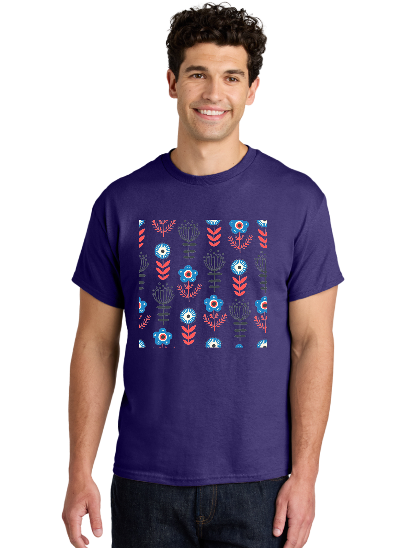 Flower-Pattern Men'S Graphic Tee, 100% Cotton, Comfortable Casual Summer Wear, Machine Washable, Blue Flowers, Pink Chevrons, Floral Design, Abstract Patterns, Decorative Elements, Vibrant Colors, Stylized Blooms Aab739