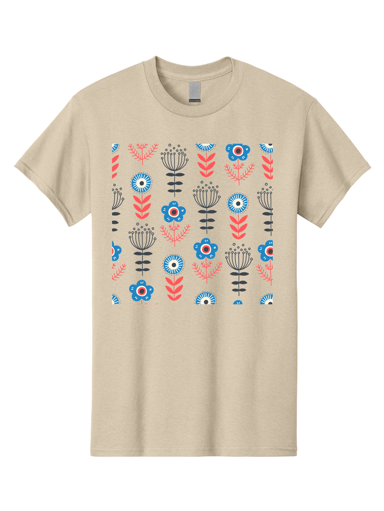 Flower-Pattern Men'S Graphic Tee, 100% Cotton, Comfortable Casual Summer Wear, Machine Washable, Blue Flowers, Pink Chevrons, Floral Design, Abstract Patterns, Decorative Elements, Vibrant Colors, Stylized Blooms Aab739