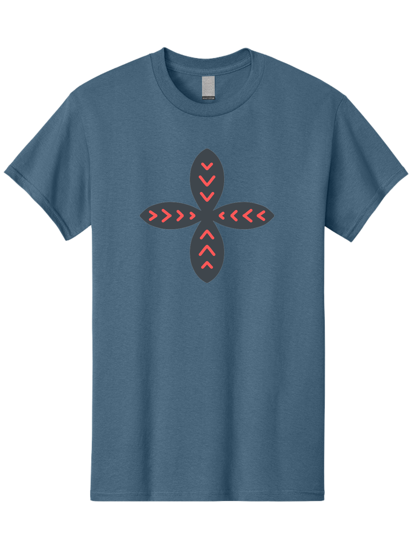 Flower-With-Chevron-Patterns Men'S Graphic Tee, 100% Cotton, Comfortable Casual Summer Wear, Machine Washable, Four Leaf Clover, Red Arrow Motifs, Dark Gray Leaves, Red Chevrons, Symmetrical Design, Abstract Logo, Modern Graphic Design Aab740