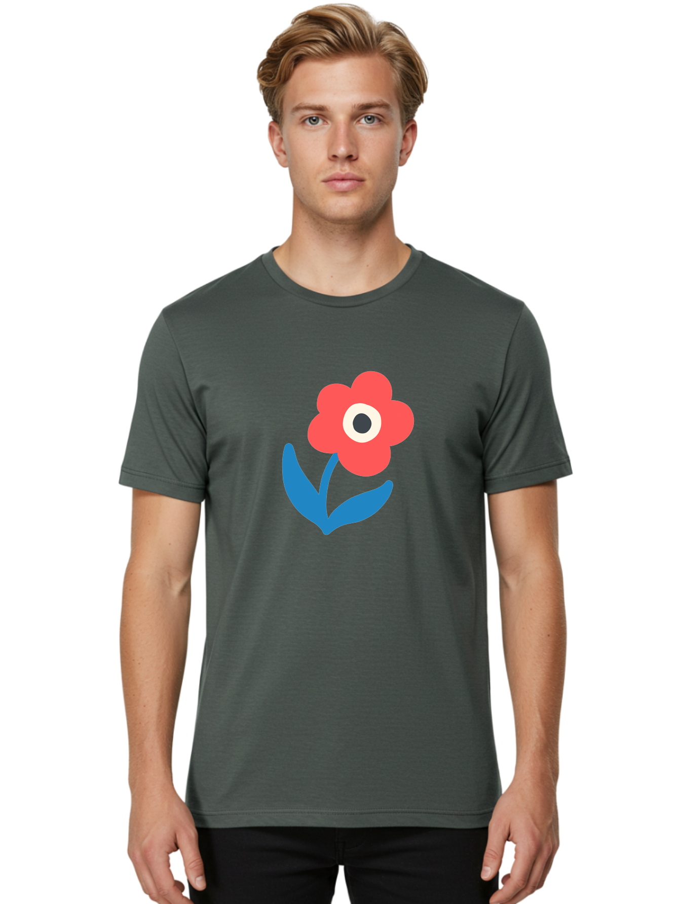 Flower-With-Eye Men'S Graphic Tee, 100% Cotton, Comfortable Casual Summer Wear, Machine Washable, Red Flower, Blue Leaves, White And Black Center, Simple Illustration, Minimalist Design, Childrens Art, Cartoon Flower, Playful Graphics Aab741
