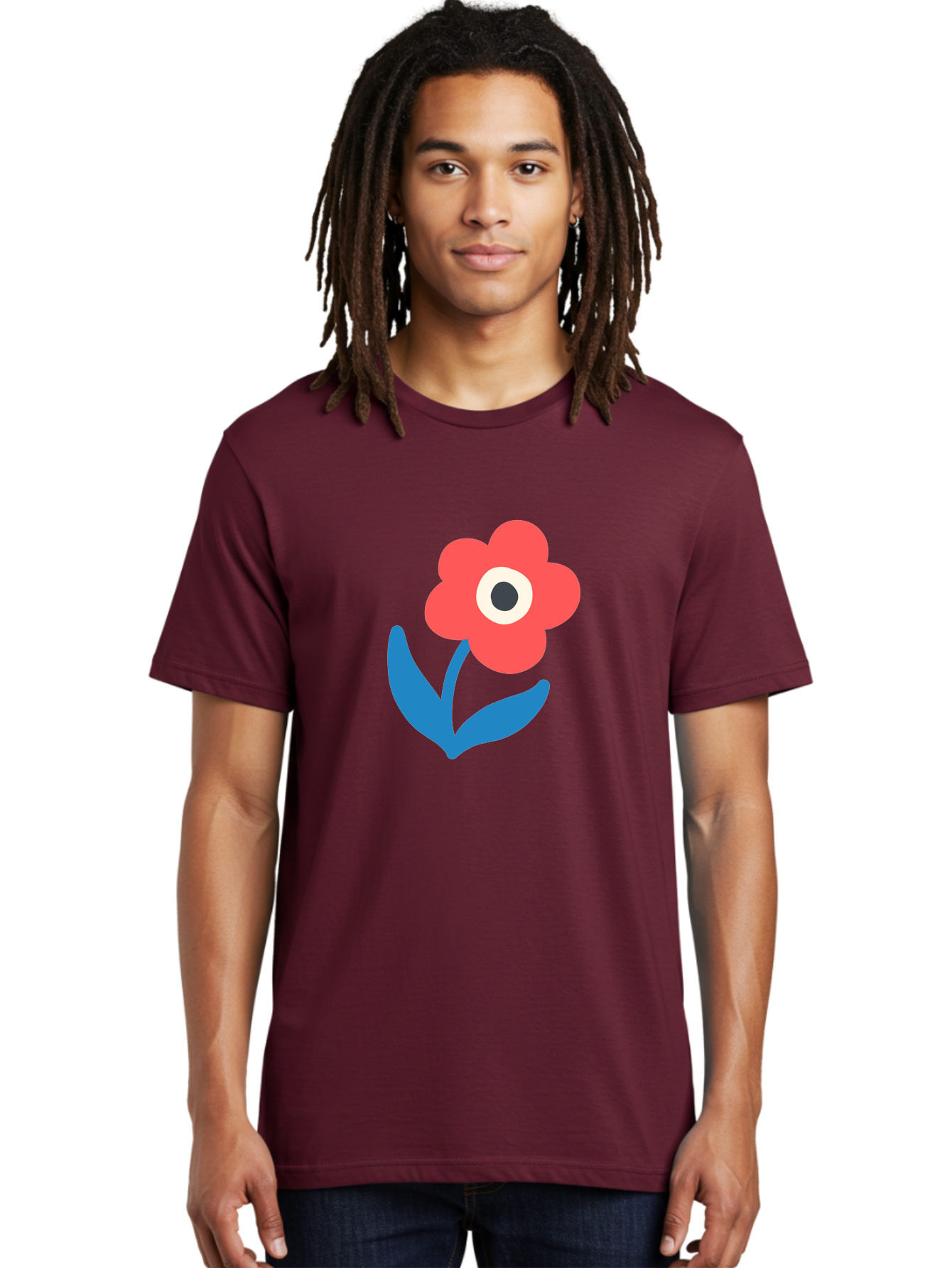 Flower-With-Eye Men'S Graphic Tee, 100% Cotton, Comfortable Casual Summer Wear, Machine Washable, Red Flower, Blue Leaves, White And Black Center, Simple Illustration, Minimalist Design, Childrens Art, Cartoon Flower, Playful Graphics Aab741