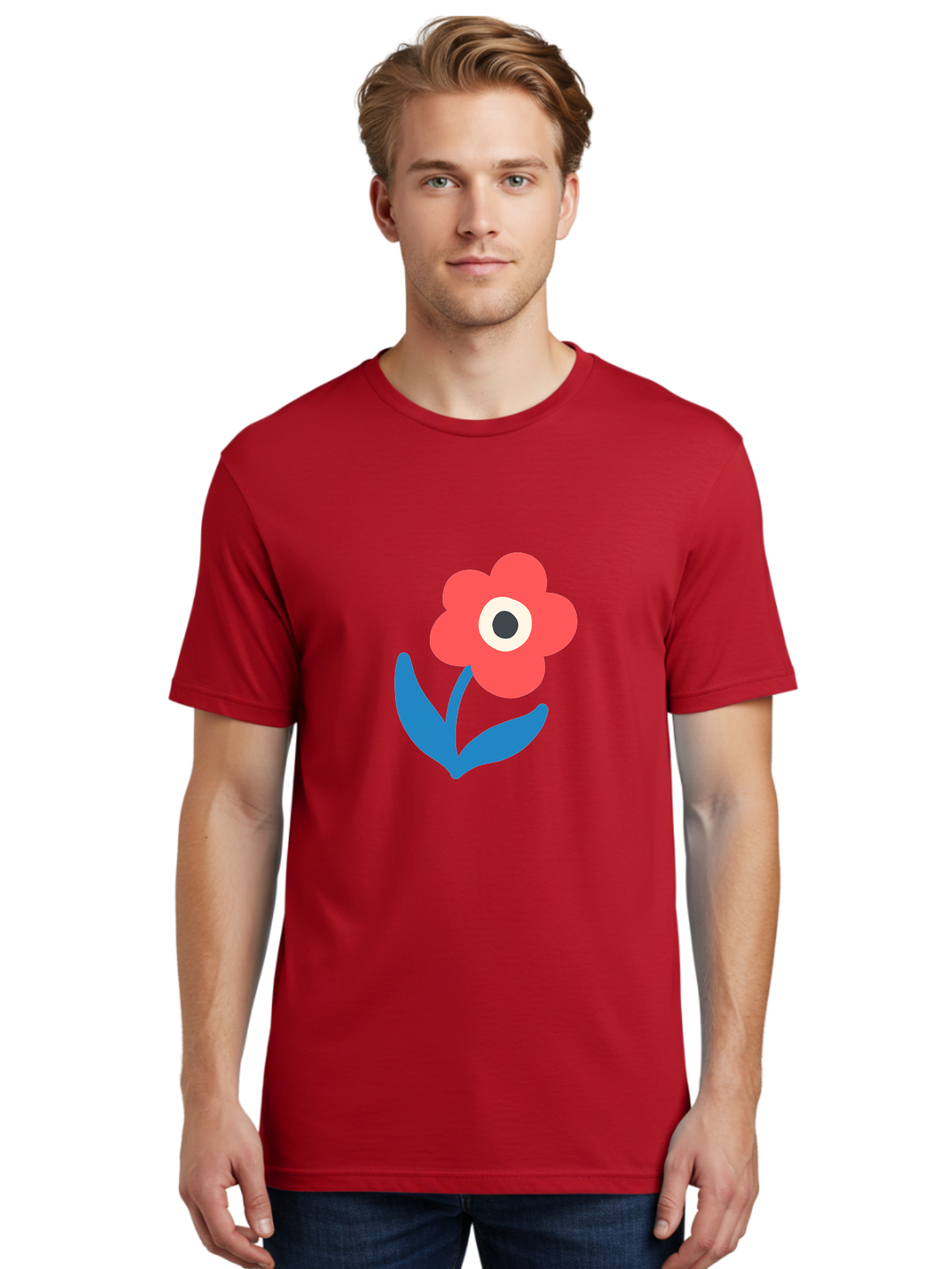 Flower-With-Eye Men'S Graphic Tee, 100% Cotton, Comfortable Casual Summer Wear, Machine Washable, Red Flower, Blue Leaves, White And Black Center, Simple Illustration, Minimalist Design, Childrens Art, Cartoon Flower, Playful Graphics Aab741