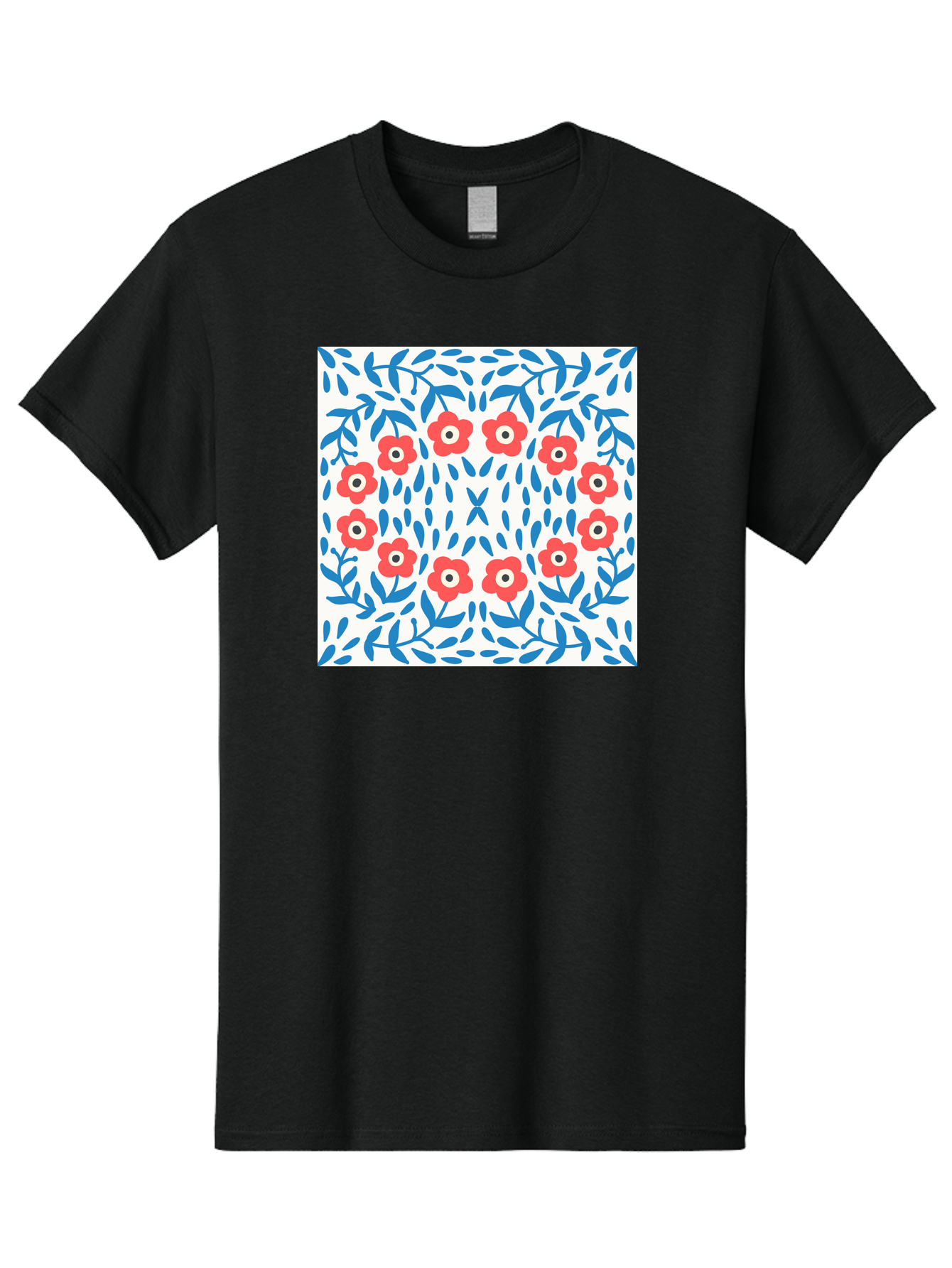 Flowers-Pattern Men'S Graphic Tee, 100% Cotton, Comfortable Casual Summer Wear, Machine Washable, Floral Pattern, Red Flowers, Blue Leaves, White Background, Folk Art, Traditional Design, Floral Arrangement, Vibrant Colors, Aab743