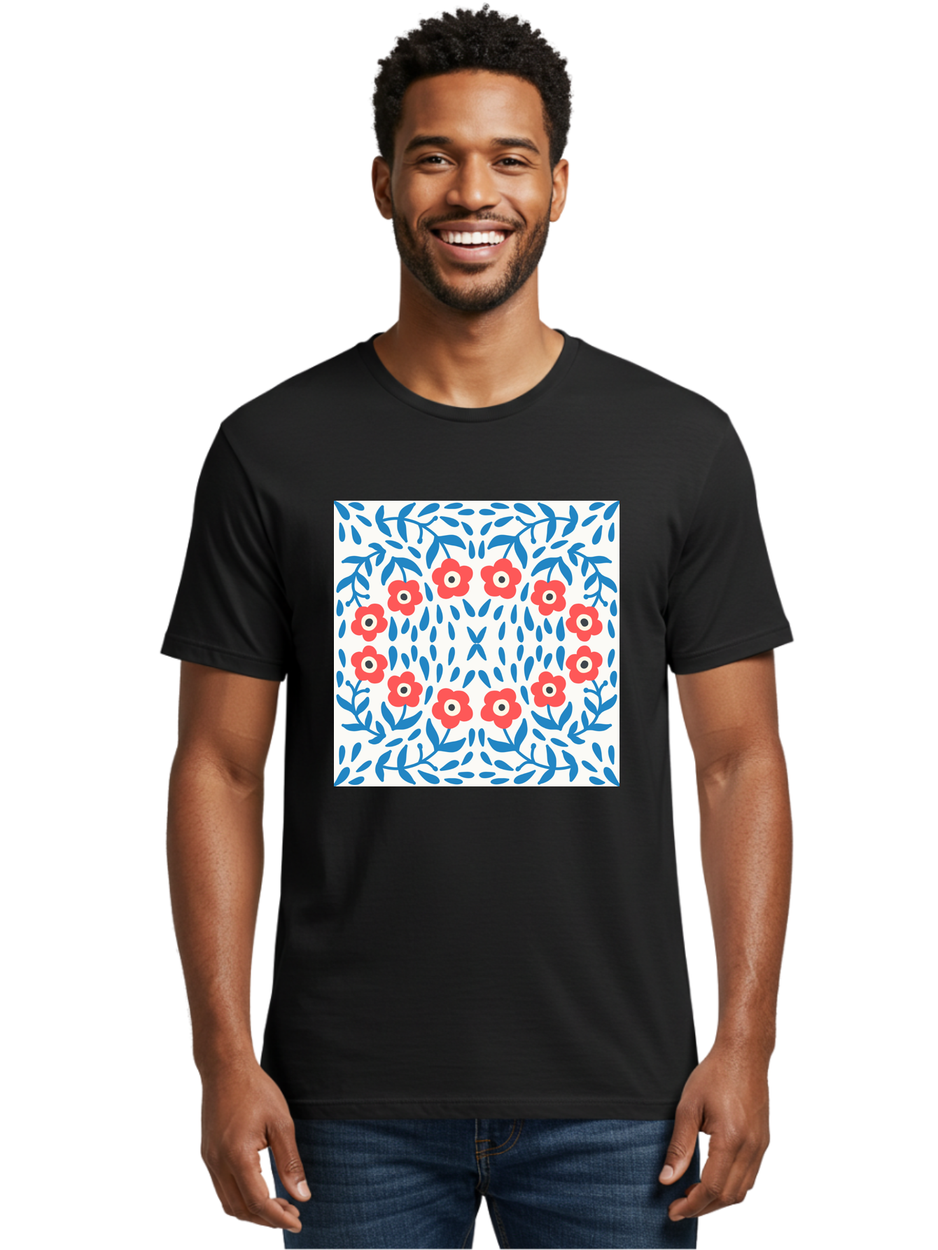 Flowers-Pattern Men'S Graphic Tee, 100% Cotton, Comfortable Casual Summer Wear, Machine Washable, Floral Pattern, Red Flowers, Blue Leaves, White Background, Folk Art, Traditional Design, Floral Arrangement, Vibrant Colors, Aab743