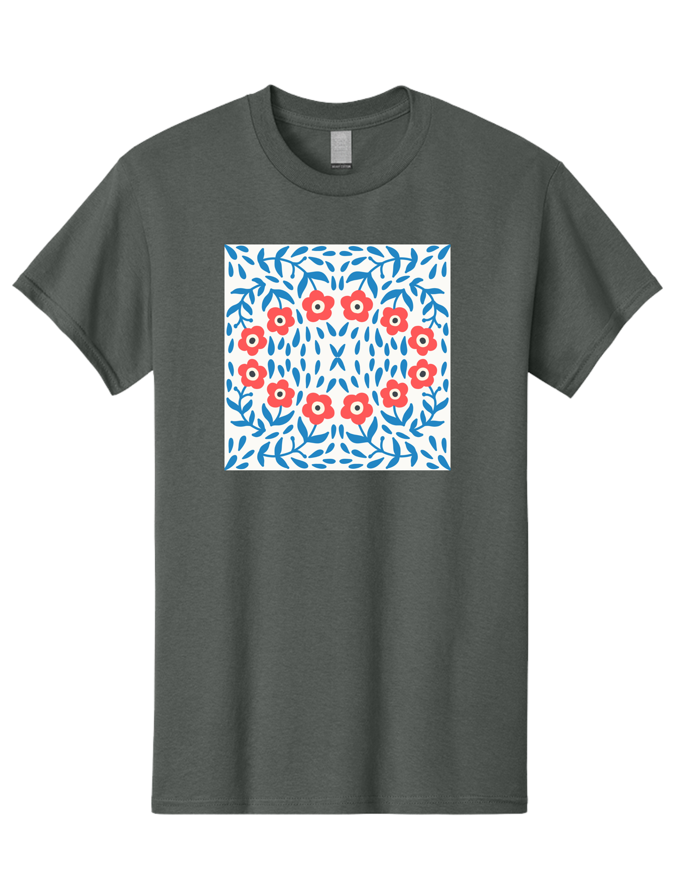 Flowers-Pattern Men'S Graphic Tee, 100% Cotton, Comfortable Casual Summer Wear, Machine Washable, Floral Pattern, Red Flowers, Blue Leaves, White Background, Folk Art, Traditional Design, Floral Arrangement, Vibrant Colors, Aab743