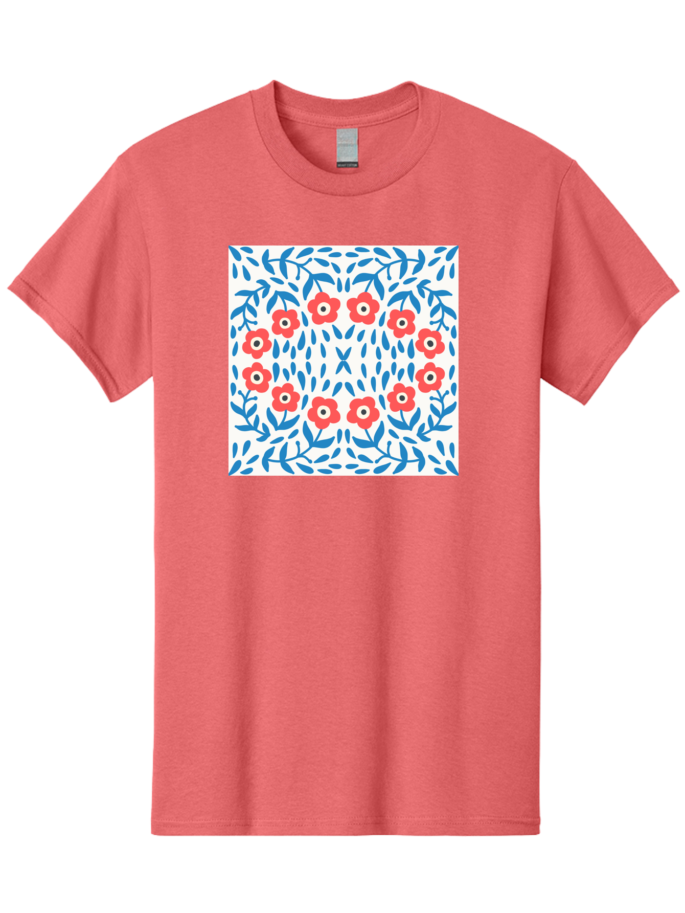 Flowers-Pattern Men'S Graphic Tee, 100% Cotton, Comfortable Casual Summer Wear, Machine Washable, Floral Pattern, Red Flowers, Blue Leaves, White Background, Folk Art, Traditional Design, Floral Arrangement, Vibrant Colors, Aab743