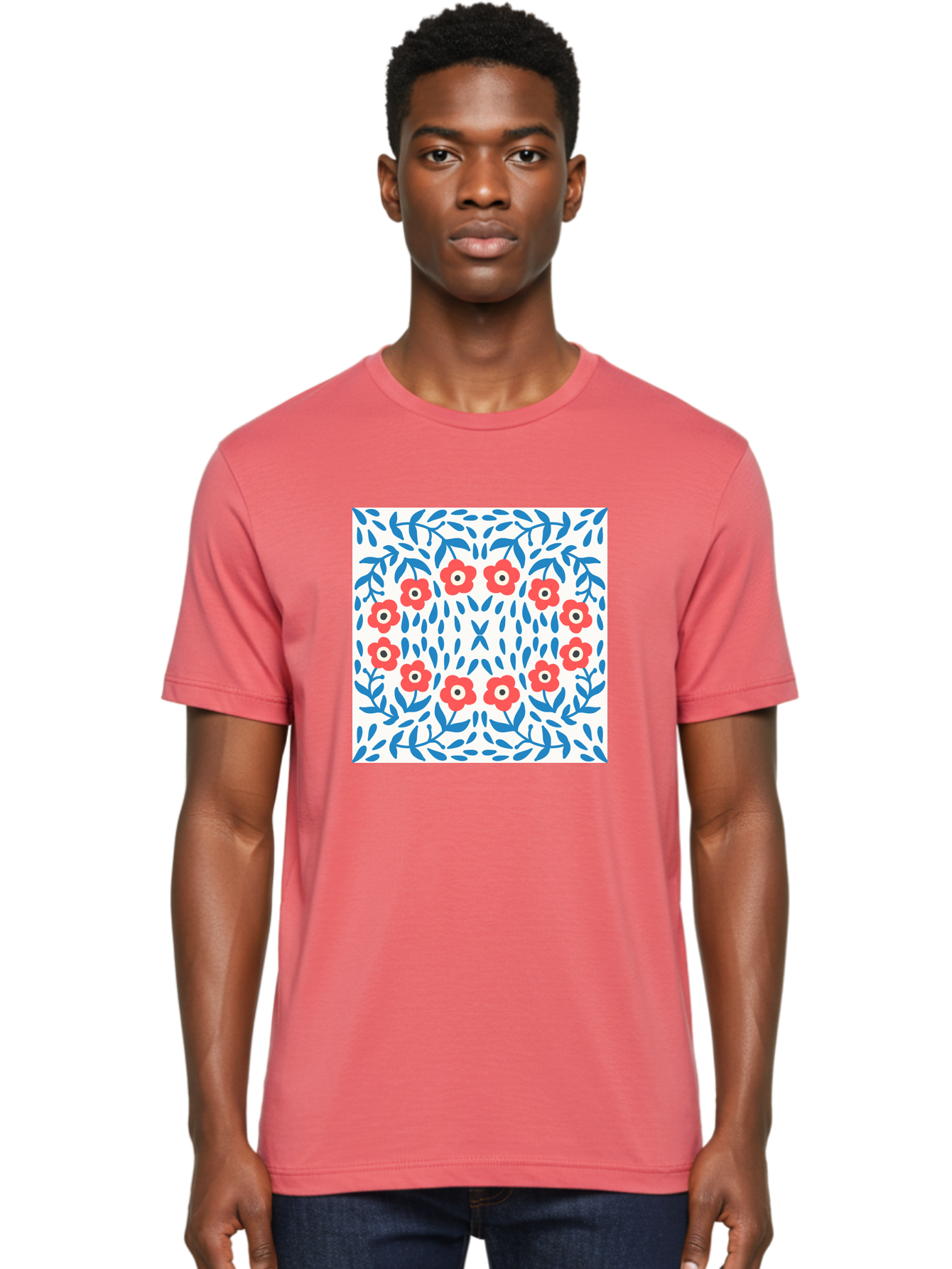 Flowers-Pattern Men'S Graphic Tee, 100% Cotton, Comfortable Casual Summer Wear, Machine Washable, Floral Pattern, Red Flowers, Blue Leaves, White Background, Folk Art, Traditional Design, Floral Arrangement, Vibrant Colors, Aab743