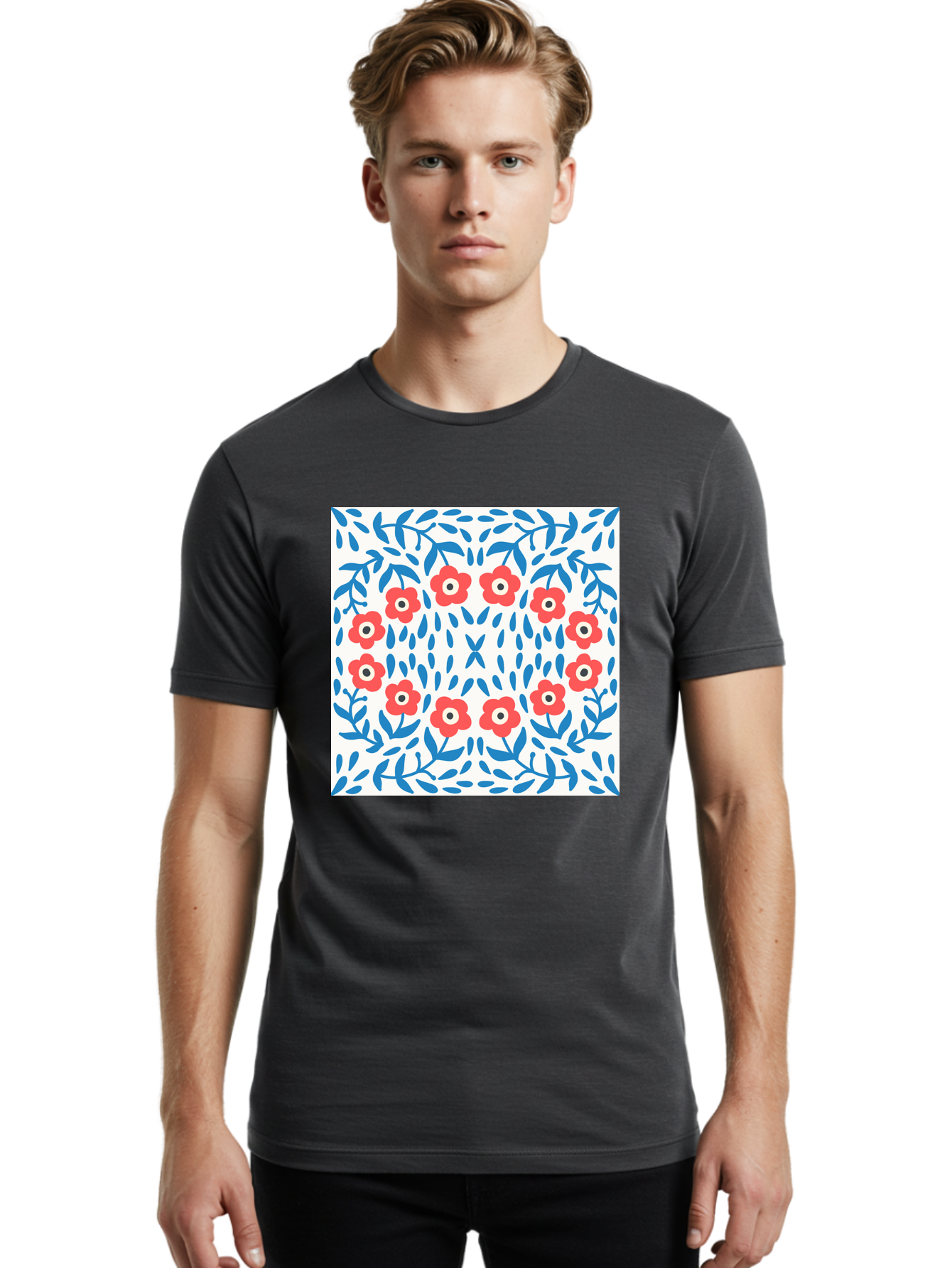 Flowers-Pattern Men'S Graphic Tee, 100% Cotton, Comfortable Casual Summer Wear, Machine Washable, Floral Pattern, Red Flowers, Blue Leaves, White Background, Folk Art, Traditional Design, Floral Arrangement, Vibrant Colors, Aab743