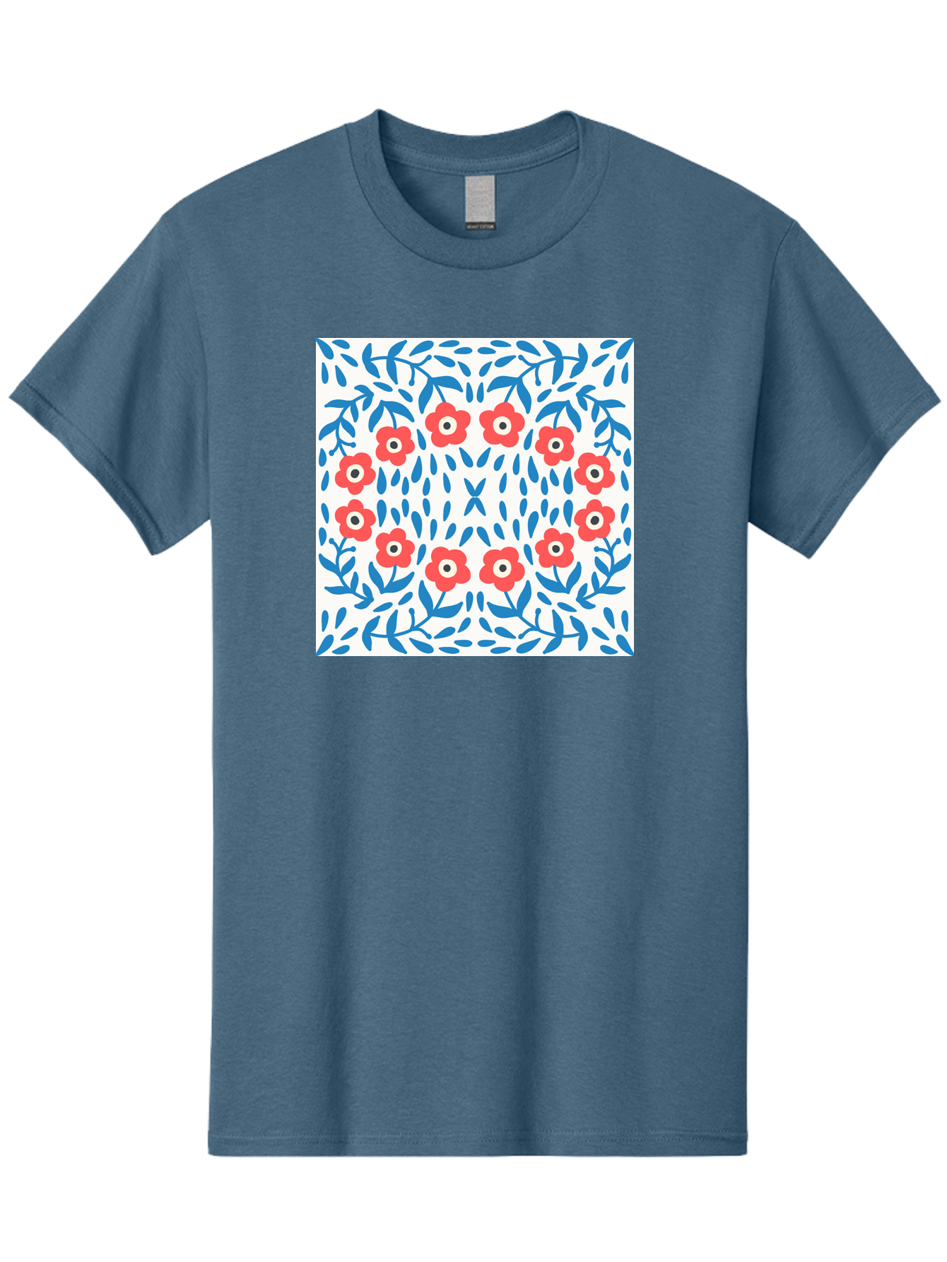 Flowers-Pattern Men'S Graphic Tee, 100% Cotton, Comfortable Casual Summer Wear, Machine Washable, Floral Pattern, Red Flowers, Blue Leaves, White Background, Folk Art, Traditional Design, Floral Arrangement, Vibrant Colors, Aab743