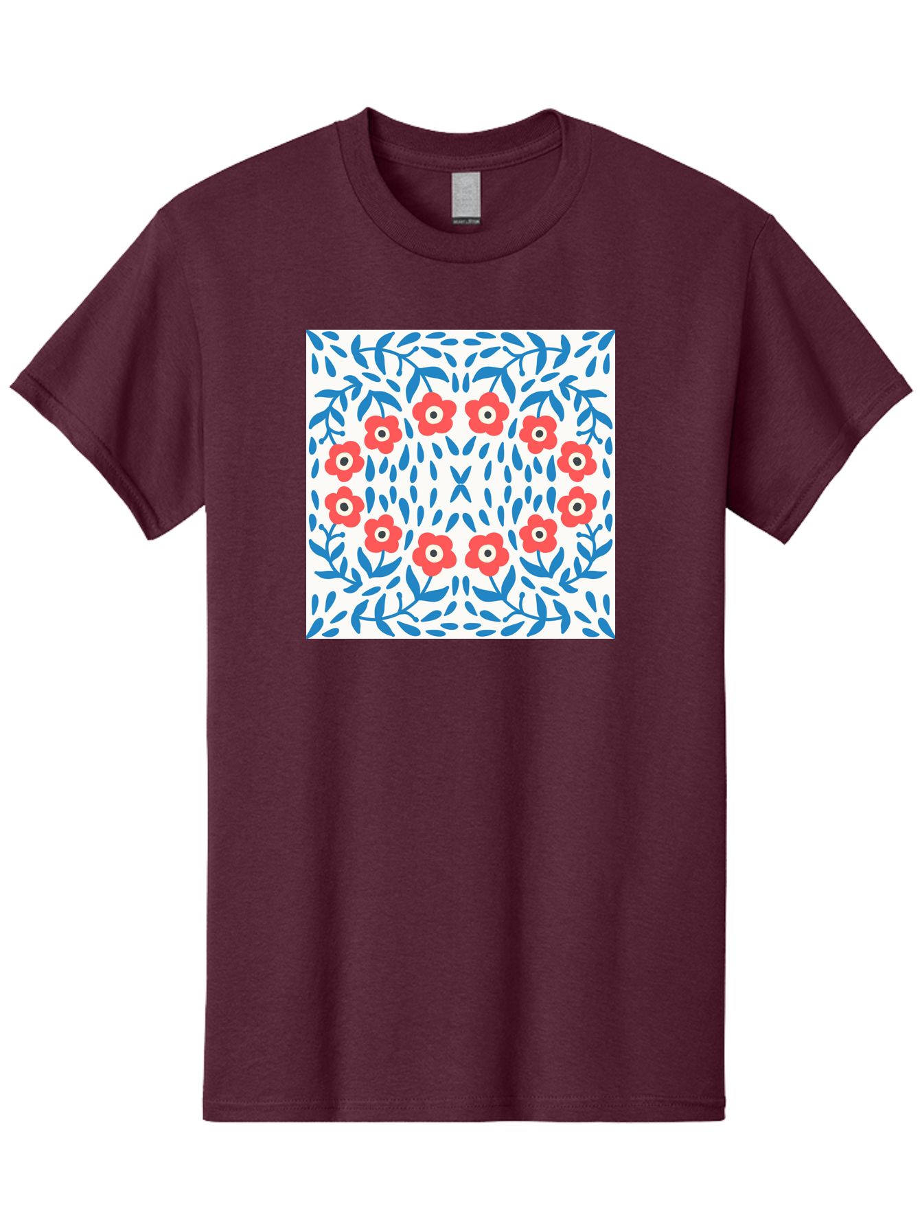 Flowers-Pattern Men'S Graphic Tee, 100% Cotton, Comfortable Casual Summer Wear, Machine Washable, Floral Pattern, Red Flowers, Blue Leaves, White Background, Folk Art, Traditional Design, Floral Arrangement, Vibrant Colors, Aab743