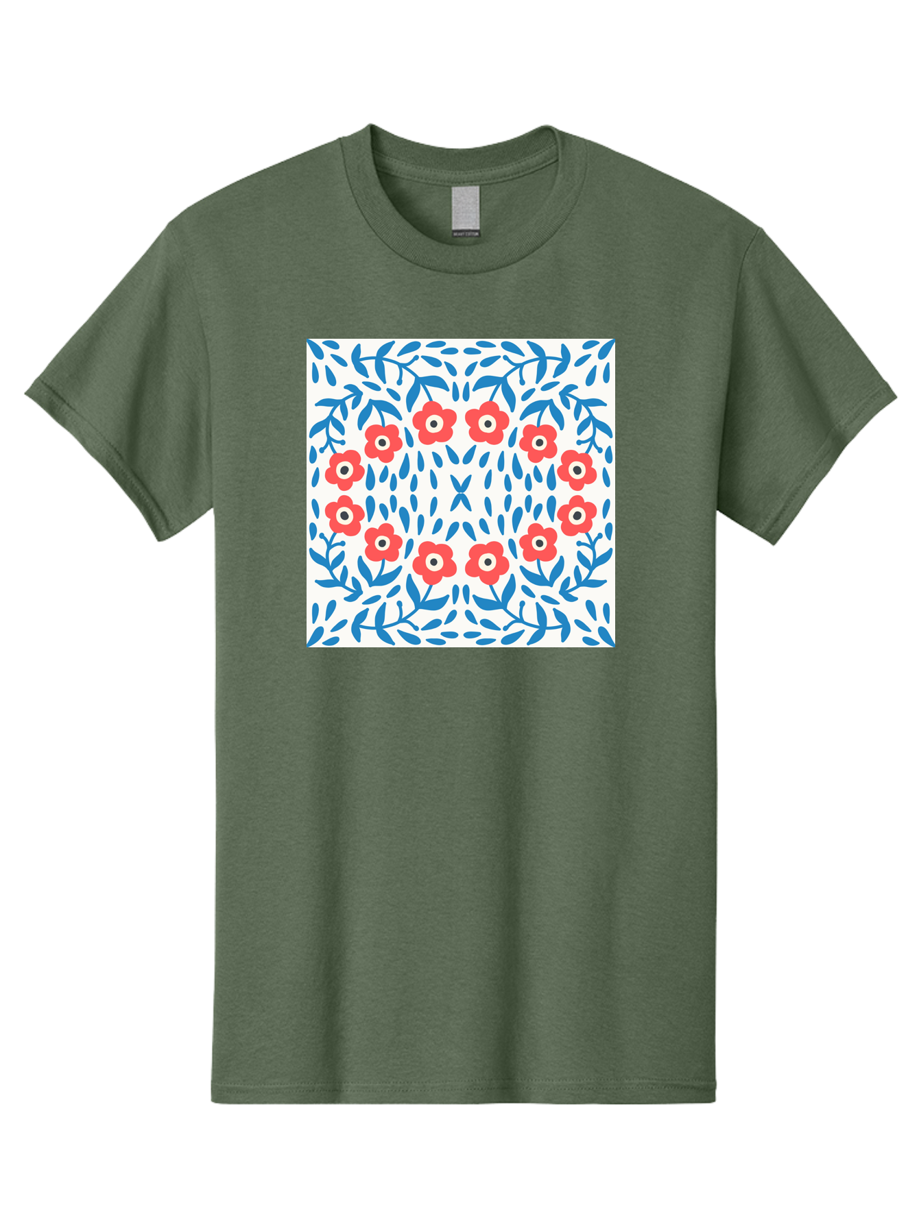 Flowers-Pattern Men'S Graphic Tee, 100% Cotton, Comfortable Casual Summer Wear, Machine Washable, Floral Pattern, Red Flowers, Blue Leaves, White Background, Folk Art, Traditional Design, Floral Arrangement, Vibrant Colors, Aab743