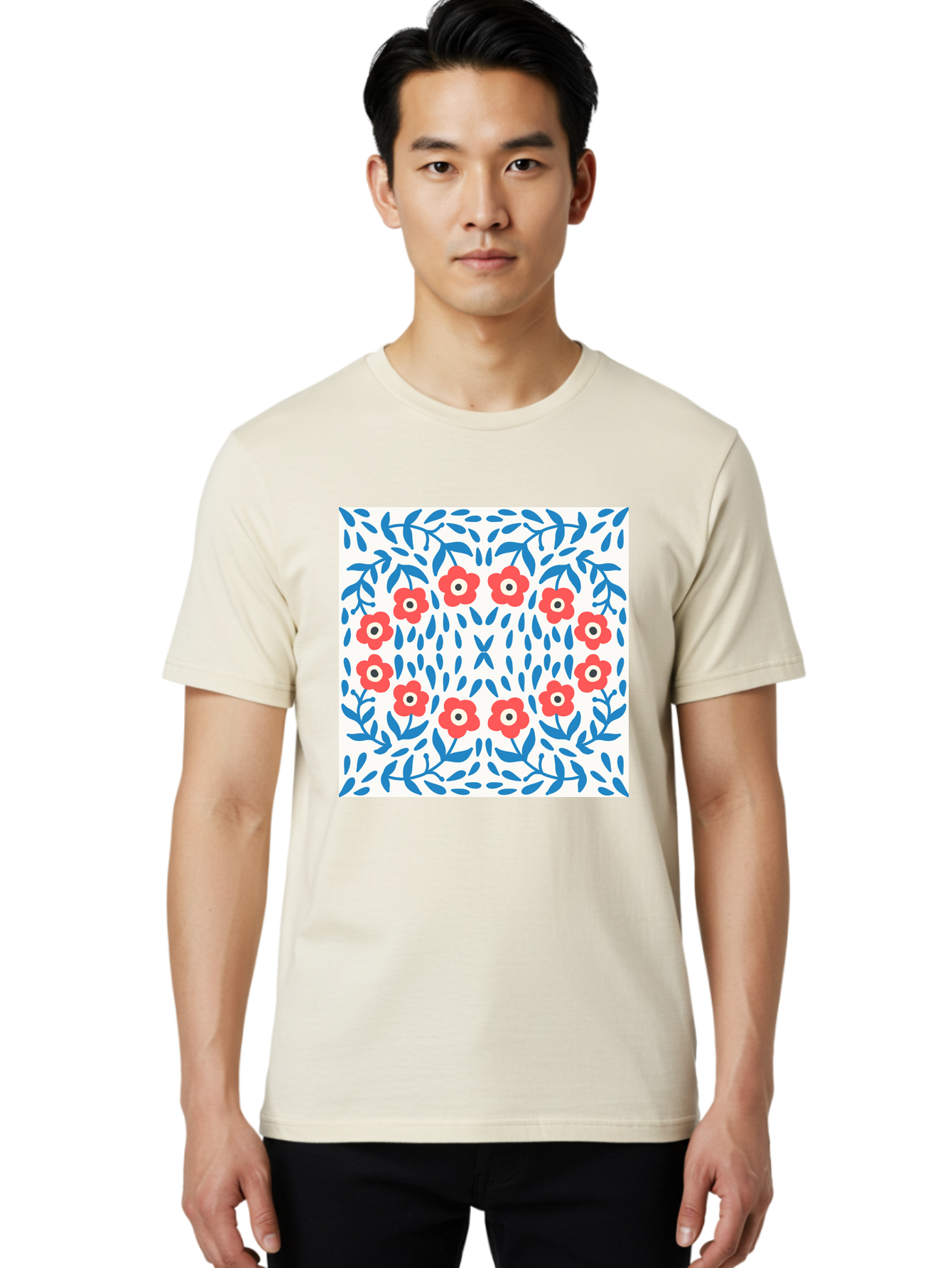 Flowers-Pattern Men'S Graphic Tee, 100% Cotton, Comfortable Casual Summer Wear, Machine Washable, Floral Pattern, Red Flowers, Blue Leaves, White Background, Folk Art, Traditional Design, Floral Arrangement, Vibrant Colors, Aab743