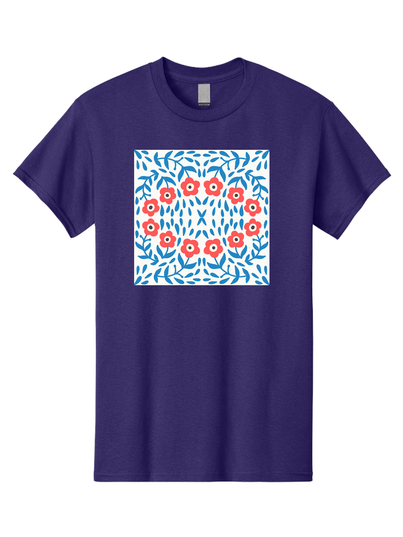 Flowers-Pattern Men'S Graphic Tee, 100% Cotton, Comfortable Casual Summer Wear, Machine Washable, Floral Pattern, Red Flowers, Blue Leaves, White Background, Folk Art, Traditional Design, Floral Arrangement, Vibrant Colors, Aab743