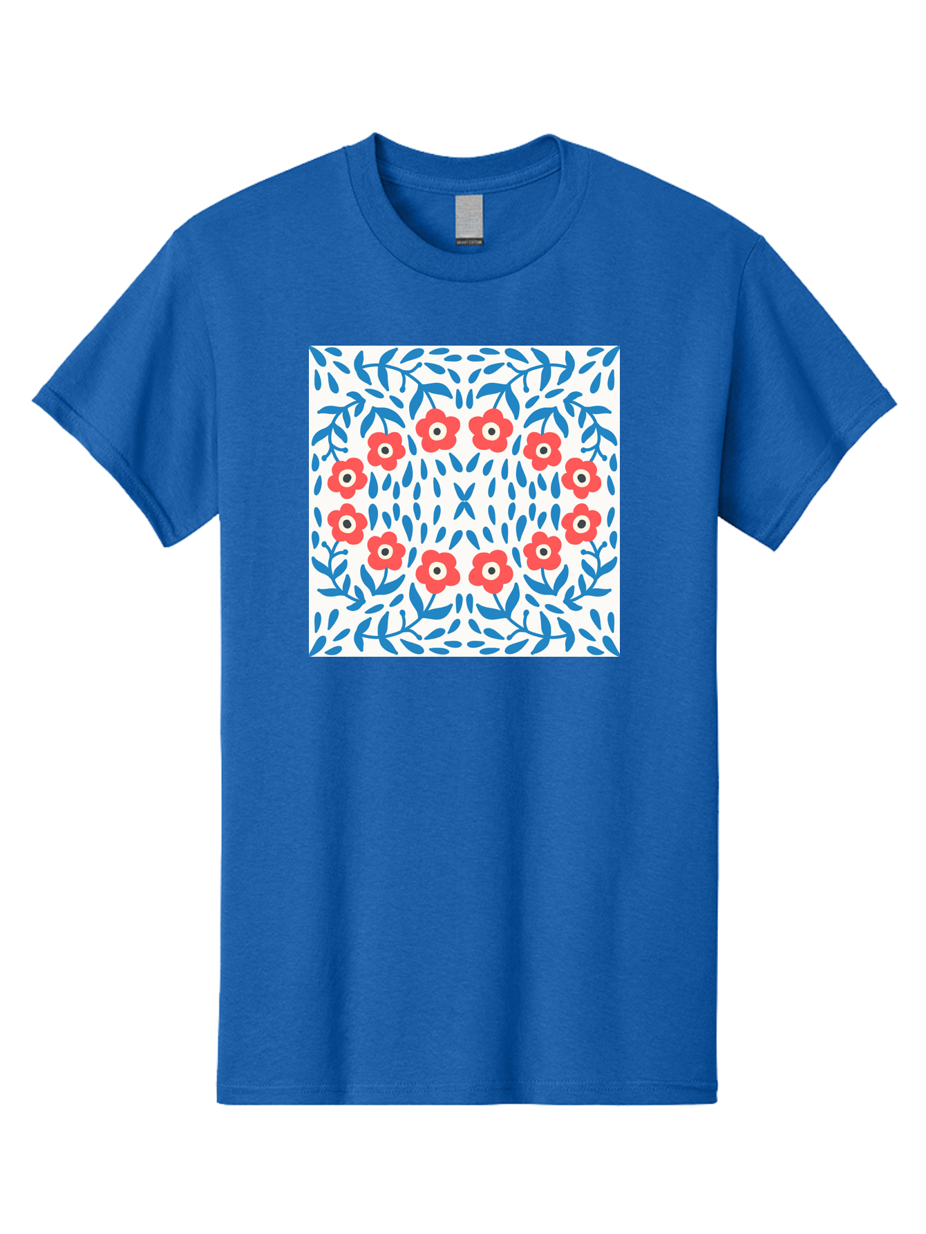 Flowers-Pattern Men'S Graphic Tee, 100% Cotton, Comfortable Casual Summer Wear, Machine Washable, Floral Pattern, Red Flowers, Blue Leaves, White Background, Folk Art, Traditional Design, Floral Arrangement, Vibrant Colors, Aab743