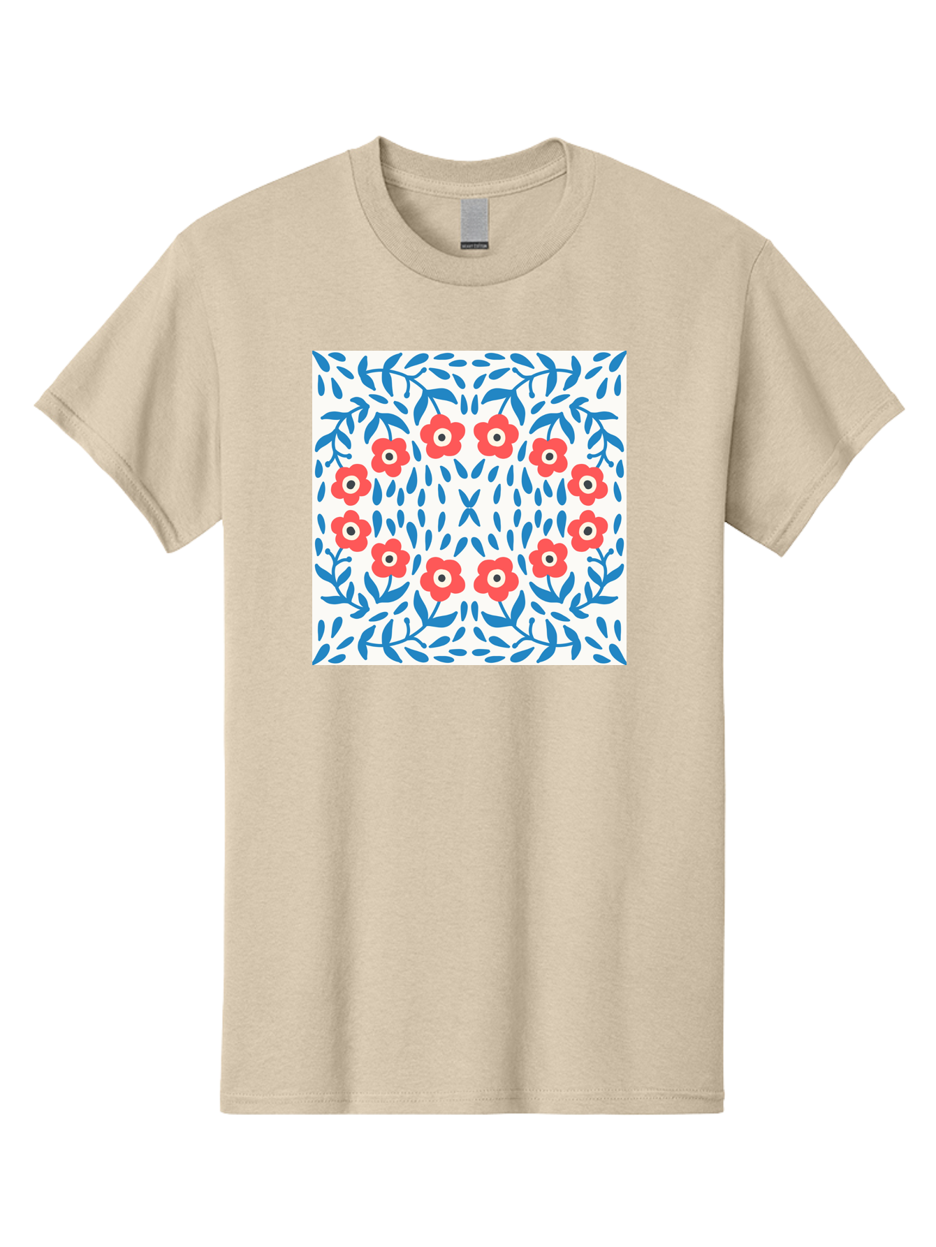Flowers-Pattern Men'S Graphic Tee, 100% Cotton, Comfortable Casual Summer Wear, Machine Washable, Floral Pattern, Red Flowers, Blue Leaves, White Background, Folk Art, Traditional Design, Floral Arrangement, Vibrant Colors, Aab743