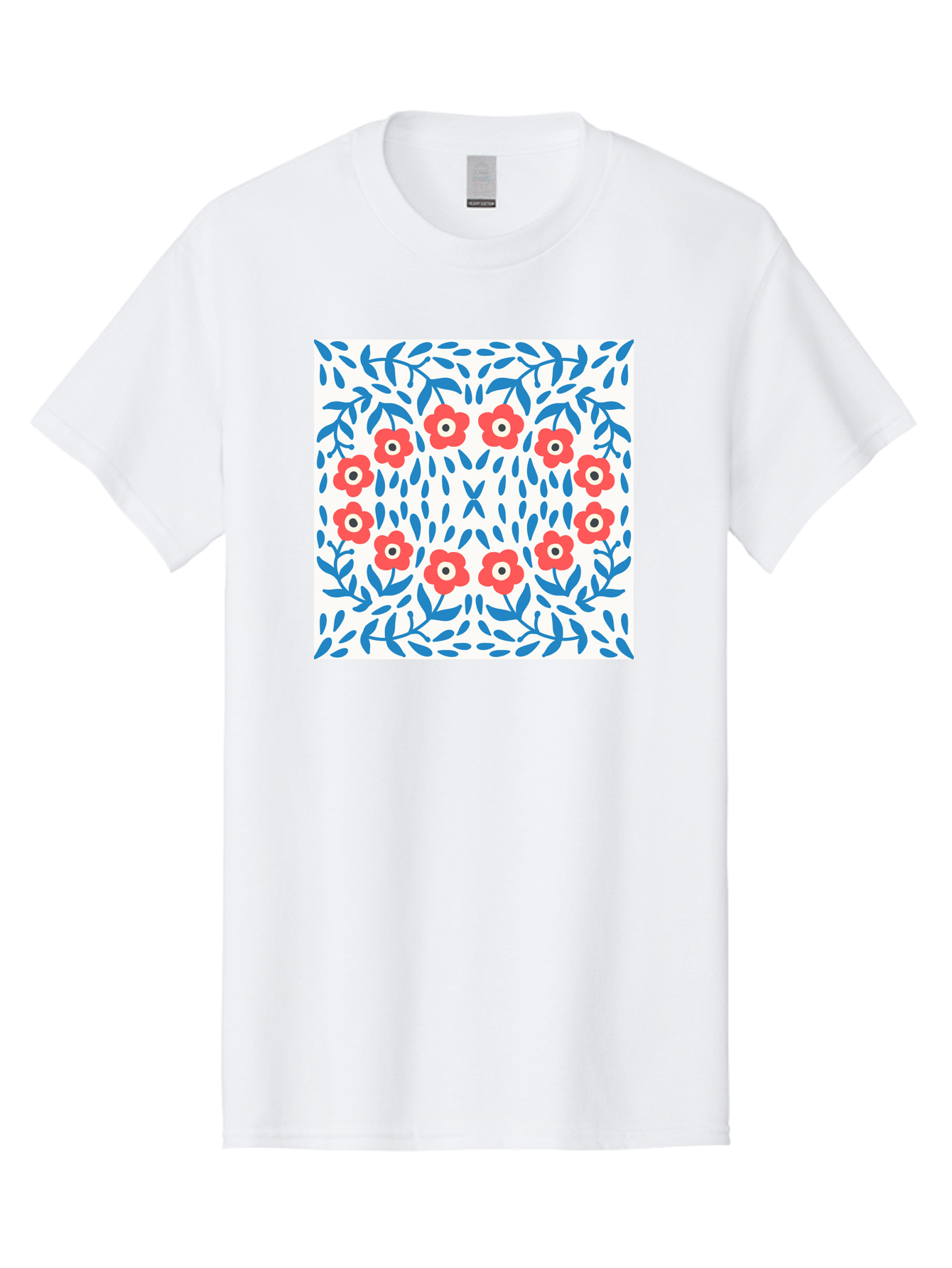 Flowers-Pattern Men'S Graphic Tee, 100% Cotton, Comfortable Casual Summer Wear, Machine Washable, Floral Pattern, Red Flowers, Blue Leaves, White Background, Folk Art, Traditional Design, Floral Arrangement, Vibrant Colors, Aab743