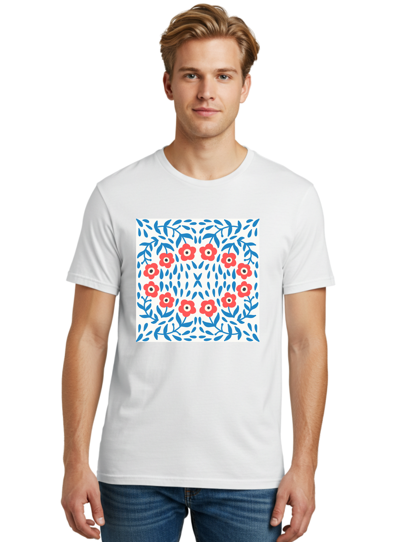 Flowers-Pattern Men'S Graphic Tee, 100% Cotton, Comfortable Casual Summer Wear, Machine Washable, Floral Pattern, Red Flowers, Blue Leaves, White Background, Folk Art, Traditional Design, Floral Arrangement, Vibrant Colors, Aab743