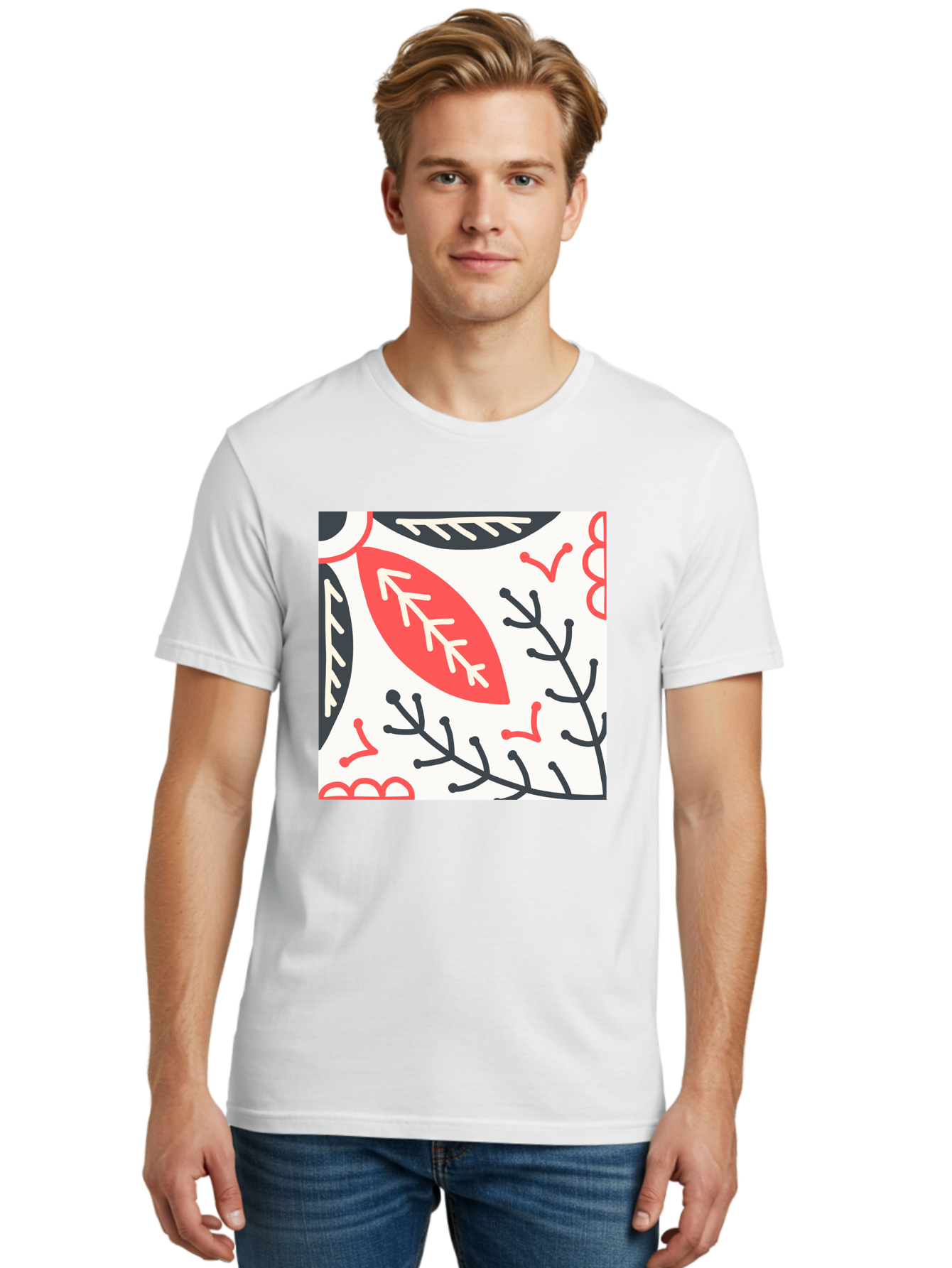 Foliage-Pattern Men'S Graphic Tee, 100% Cotton, Comfortable Casual Summer Wear, Machine Washable, Leaf Pattern, Floral Design, Botanical Art, Red And Black Leaves, Minimalist Style, Abstract Foliage, Decorative Elements, Modern Illustration Aab744