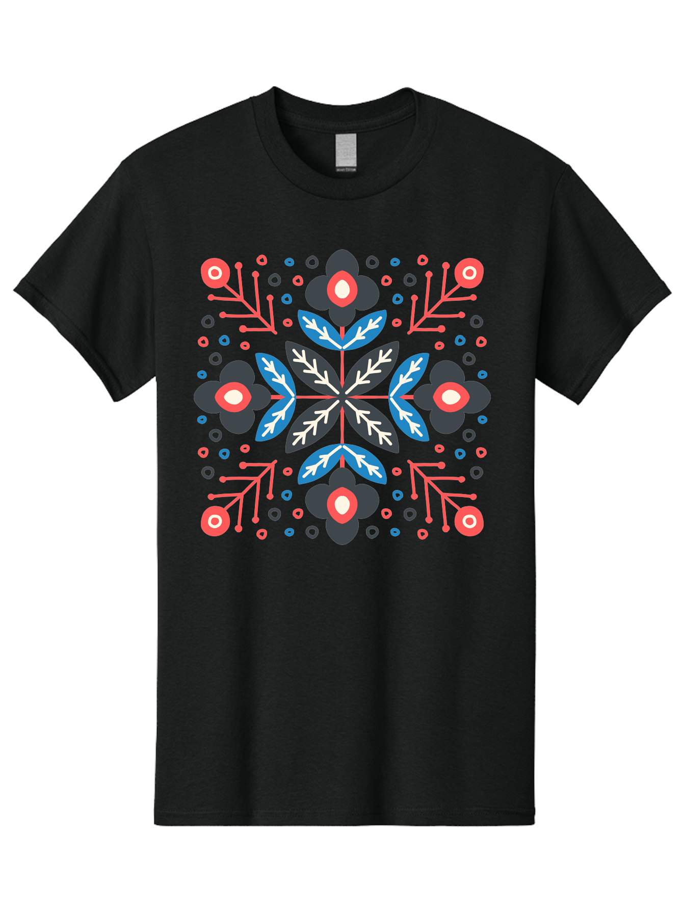Folk-Floral-Pattern Men'S Graphic Tee, 100% Cotton, Comfortable Casual Summer Wear, Machine Washable, Floral Pattern, Geometric Shapes, Symmetrical Design, Bold Colors, Abstract Flowers, Decorative Art, Vibrant Hues, Modern Motif, Aab745