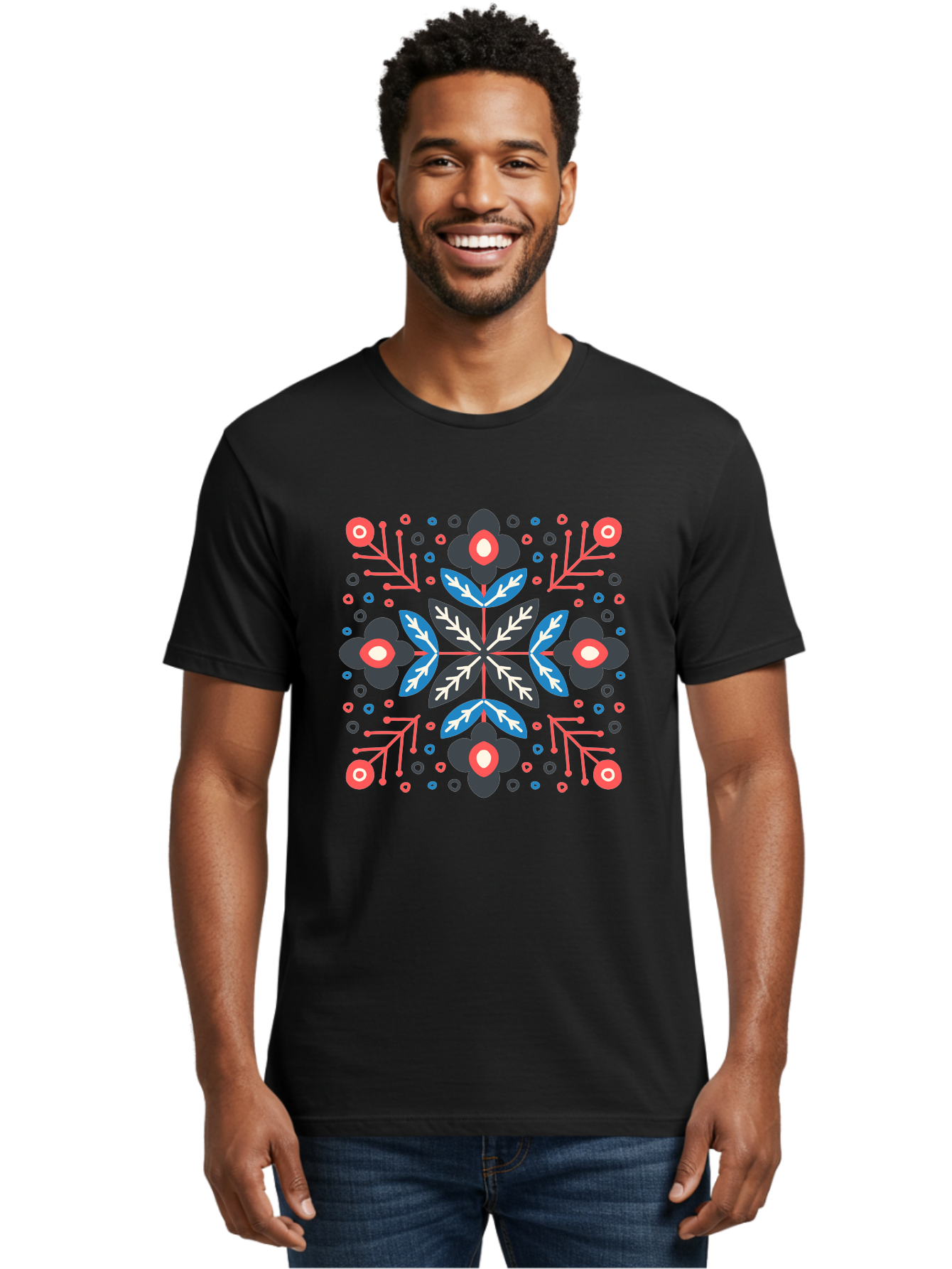 Folk-Floral-Pattern Men'S Graphic Tee, 100% Cotton, Comfortable Casual Summer Wear, Machine Washable, Floral Pattern, Geometric Shapes, Symmetrical Design, Bold Colors, Abstract Flowers, Decorative Art, Vibrant Hues, Modern Motif, Aab745