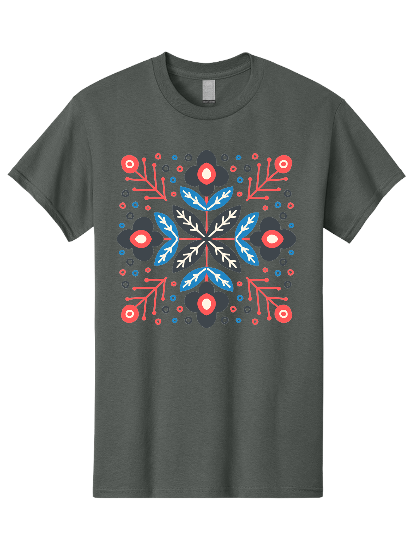 Folk-Floral-Pattern Men'S Graphic Tee, 100% Cotton, Comfortable Casual Summer Wear, Machine Washable, Floral Pattern, Geometric Shapes, Symmetrical Design, Bold Colors, Abstract Flowers, Decorative Art, Vibrant Hues, Modern Motif, Aab745