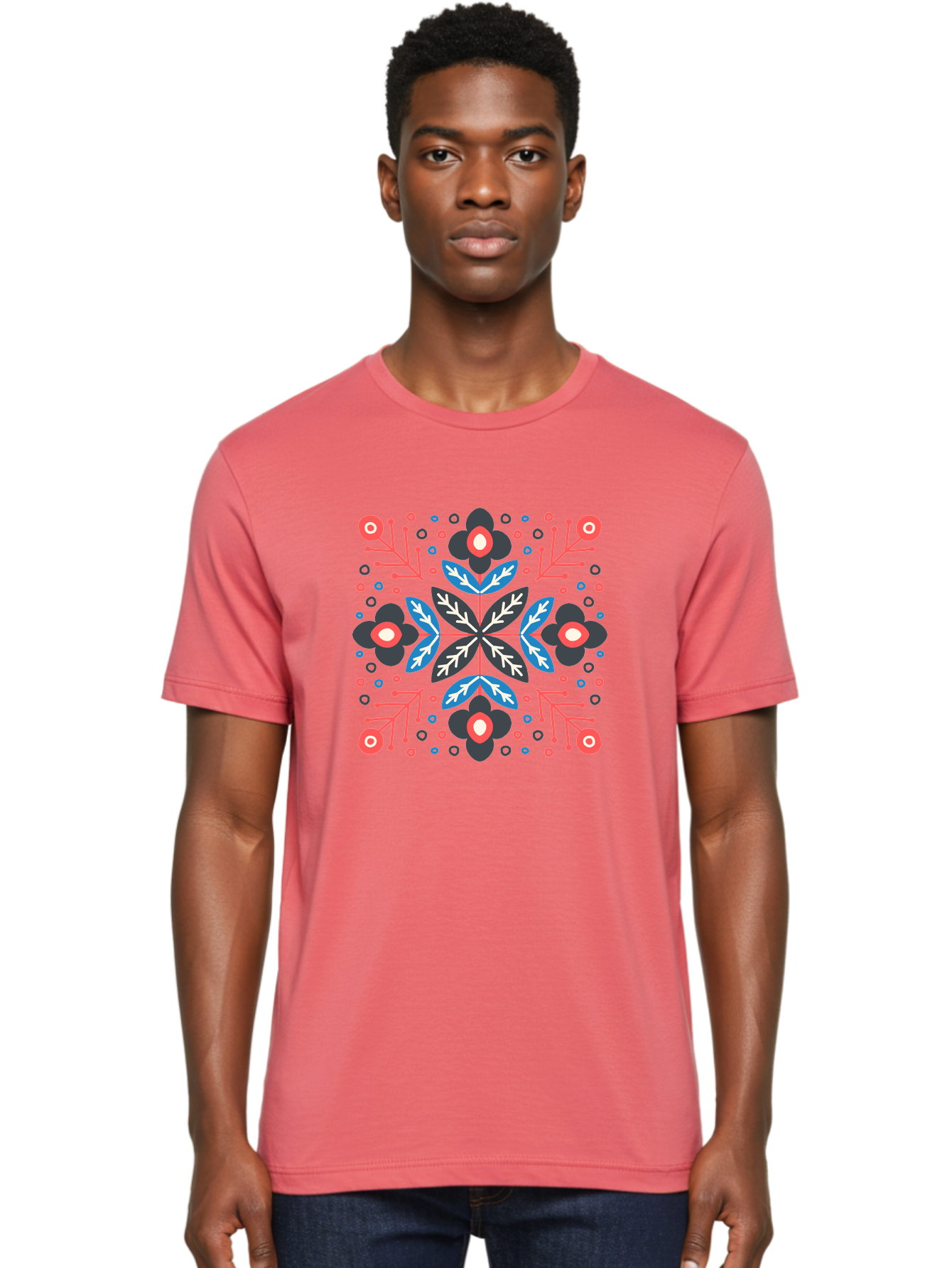 Folk-Floral-Pattern Men'S Graphic Tee, 100% Cotton, Comfortable Casual Summer Wear, Machine Washable, Floral Pattern, Geometric Shapes, Symmetrical Design, Bold Colors, Abstract Flowers, Decorative Art, Vibrant Hues, Modern Motif, Aab745