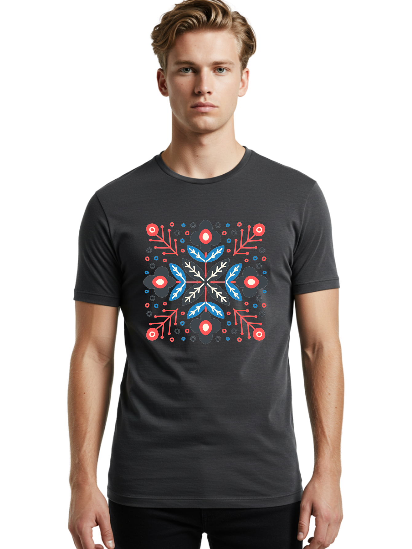 Folk-Floral-Pattern Men'S Graphic Tee, 100% Cotton, Comfortable Casual Summer Wear, Machine Washable, Floral Pattern, Geometric Shapes, Symmetrical Design, Bold Colors, Abstract Flowers, Decorative Art, Vibrant Hues, Modern Motif, Aab745