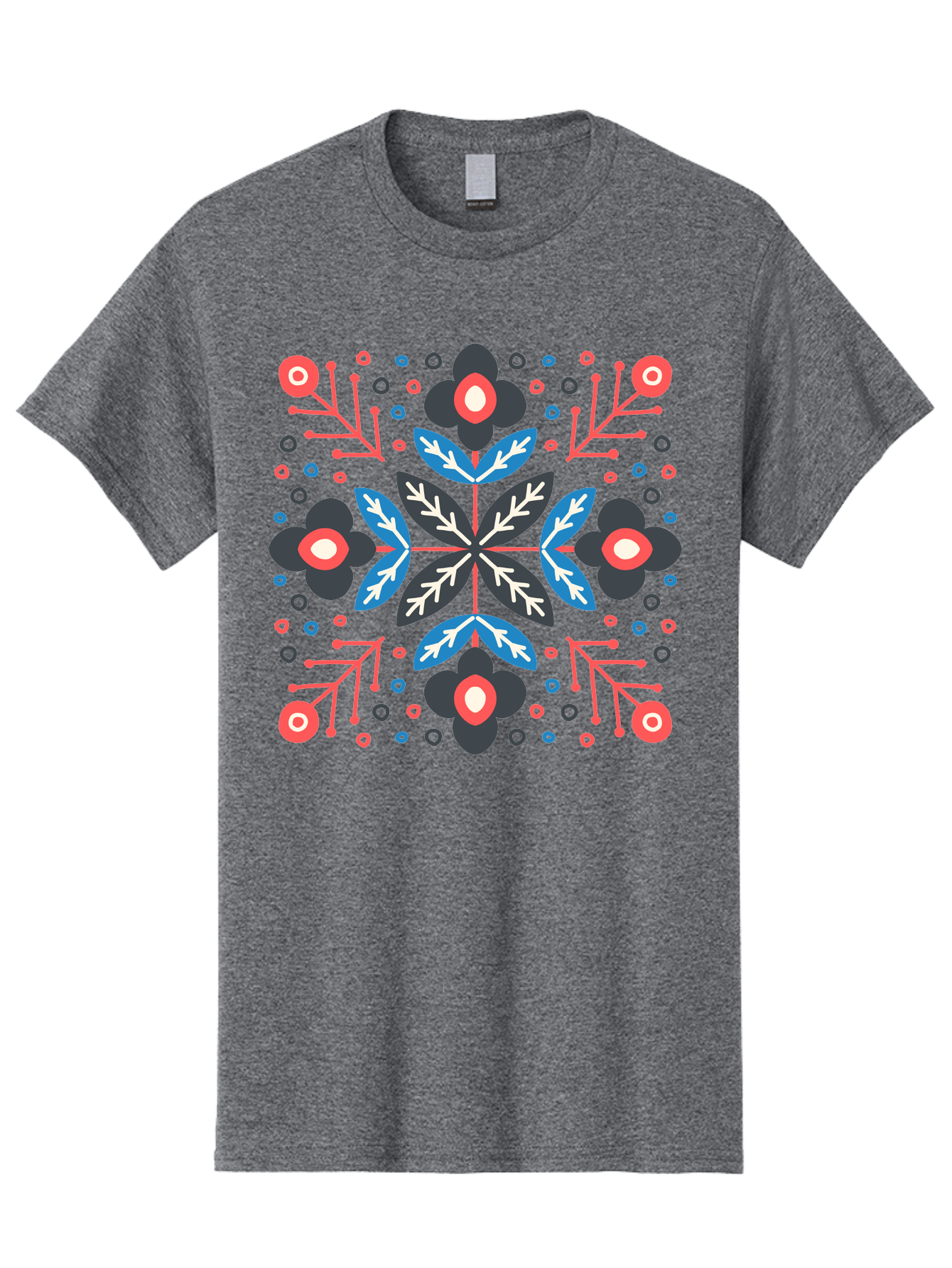 Folk-Floral-Pattern Men'S Graphic Tee, 100% Cotton, Comfortable Casual Summer Wear, Machine Washable, Floral Pattern, Geometric Shapes, Symmetrical Design, Bold Colors, Abstract Flowers, Decorative Art, Vibrant Hues, Modern Motif, Aab745