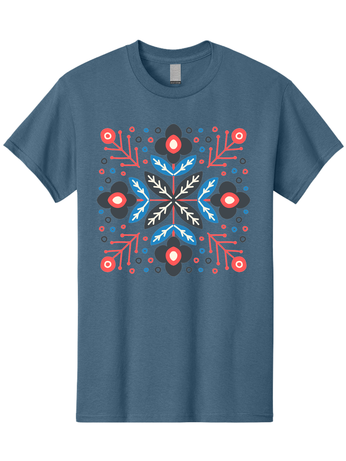 Folk-Floral-Pattern Men'S Graphic Tee, 100% Cotton, Comfortable Casual Summer Wear, Machine Washable, Floral Pattern, Geometric Shapes, Symmetrical Design, Bold Colors, Abstract Flowers, Decorative Art, Vibrant Hues, Modern Motif, Aab745