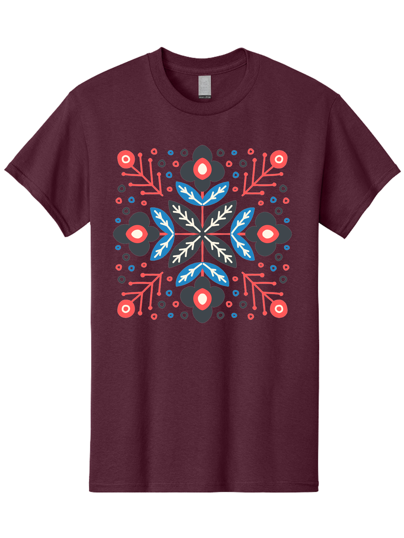 Folk-Floral-Pattern Men'S Graphic Tee, 100% Cotton, Comfortable Casual Summer Wear, Machine Washable, Floral Pattern, Geometric Shapes, Symmetrical Design, Bold Colors, Abstract Flowers, Decorative Art, Vibrant Hues, Modern Motif, Aab745