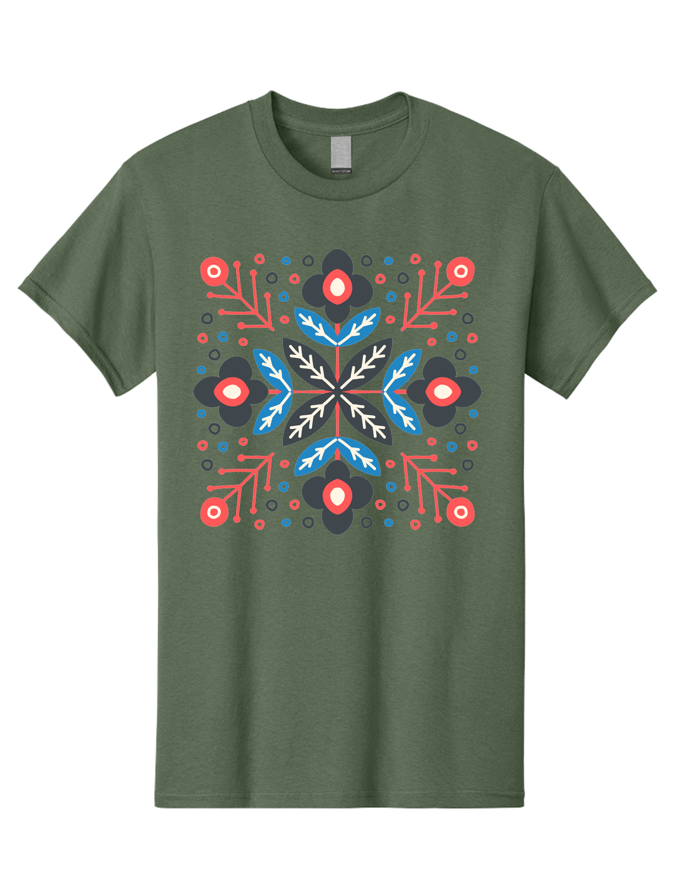 Folk-Floral-Pattern Men'S Graphic Tee, 100% Cotton, Comfortable Casual Summer Wear, Machine Washable, Floral Pattern, Geometric Shapes, Symmetrical Design, Bold Colors, Abstract Flowers, Decorative Art, Vibrant Hues, Modern Motif, Aab745