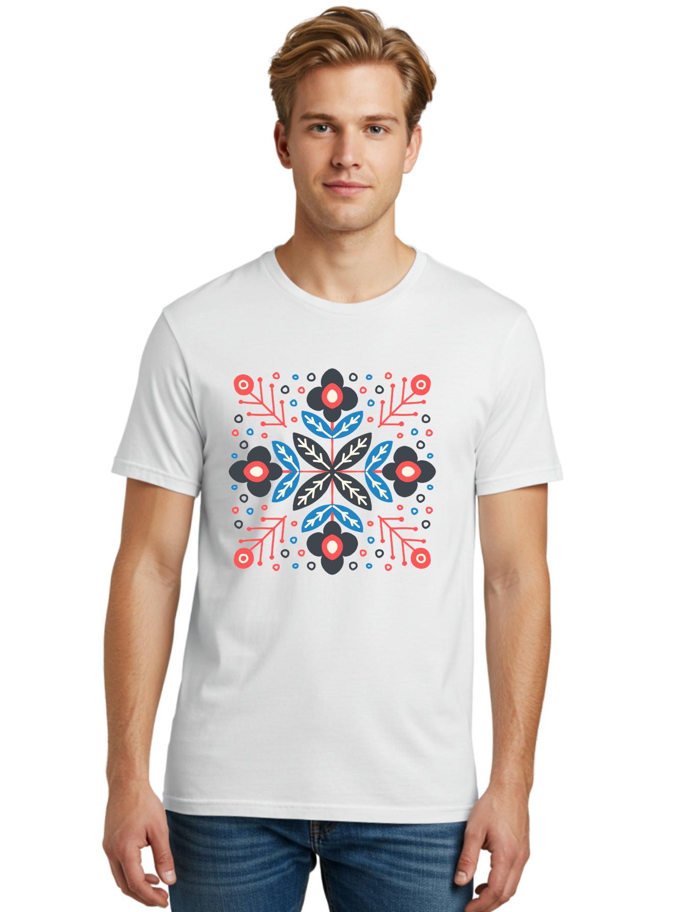 Folk-Floral-Pattern Men'S Graphic Tee, 100% Cotton, Comfortable Casual Summer Wear, Machine Washable, Floral Pattern, Geometric Shapes, Symmetrical Design, Bold Colors, Abstract Flowers, Decorative Art, Vibrant Hues, Modern Motif, Aab745