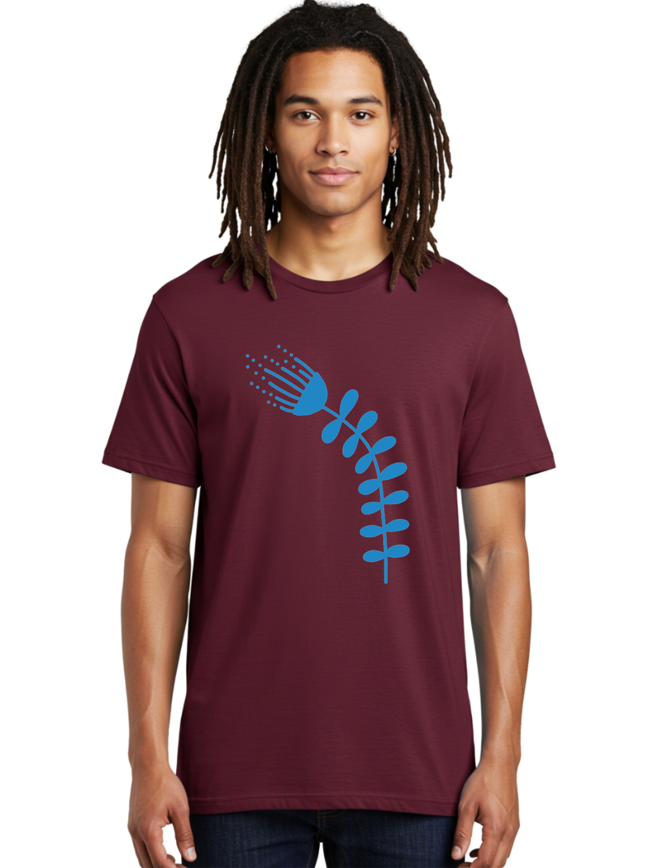 Fork-Plant Men'S Graphic Tee, 100% Cotton, Comfortable Casual Summer Wear, Machine Washable, Stylized Flower, Abstract Art, Minimalist Design, Blue Silhouette, Botanical Illustration, Creative Graphics Aab746