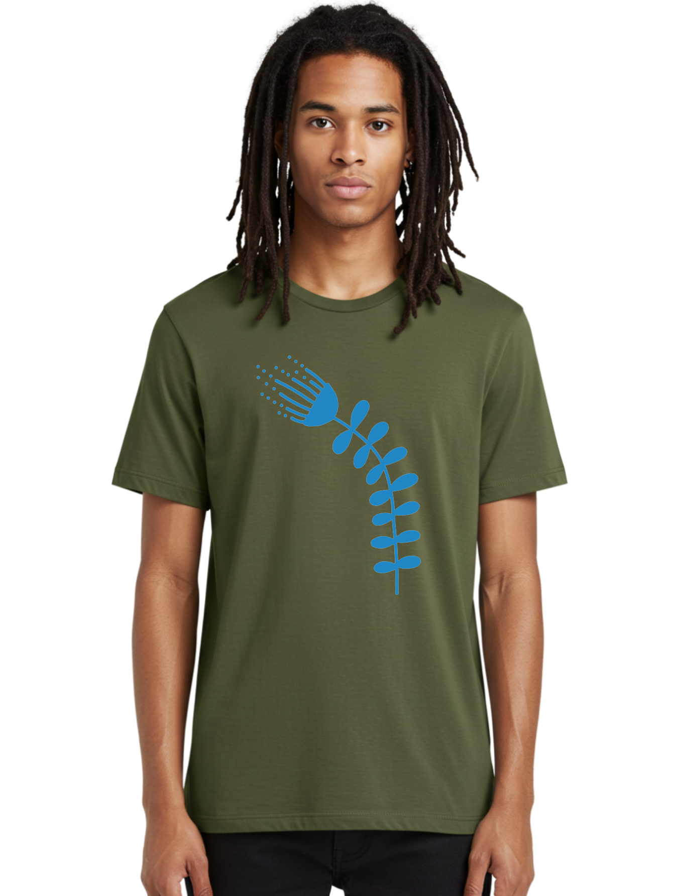 Fork-Plant Men'S Graphic Tee, 100% Cotton, Comfortable Casual Summer Wear, Machine Washable, Stylized Flower, Abstract Art, Minimalist Design, Blue Silhouette, Botanical Illustration, Creative Graphics Aab746