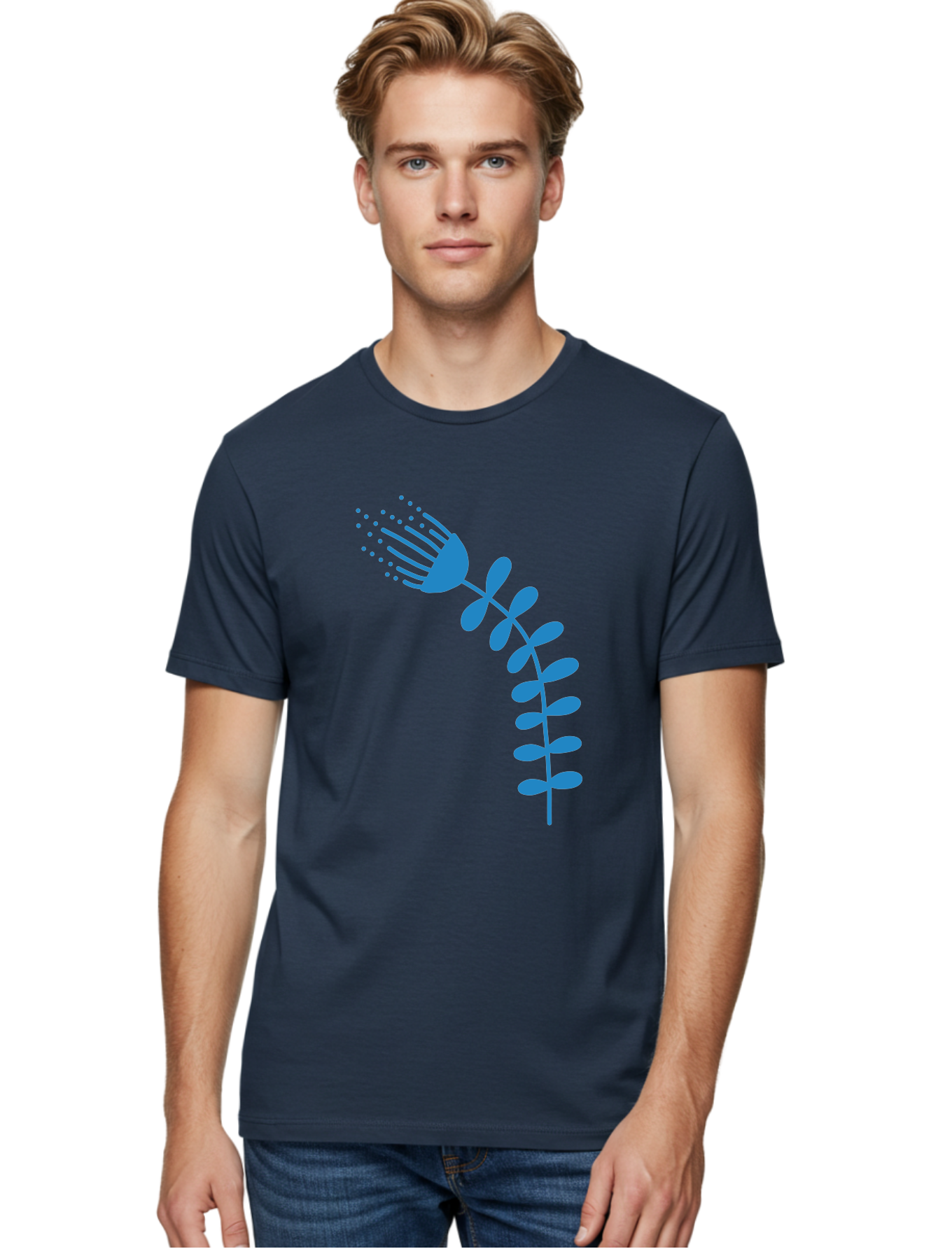 Fork-Plant Men'S Graphic Tee, 100% Cotton, Comfortable Casual Summer Wear, Machine Washable, Stylized Flower, Abstract Art, Minimalist Design, Blue Silhouette, Botanical Illustration, Creative Graphics Aab746