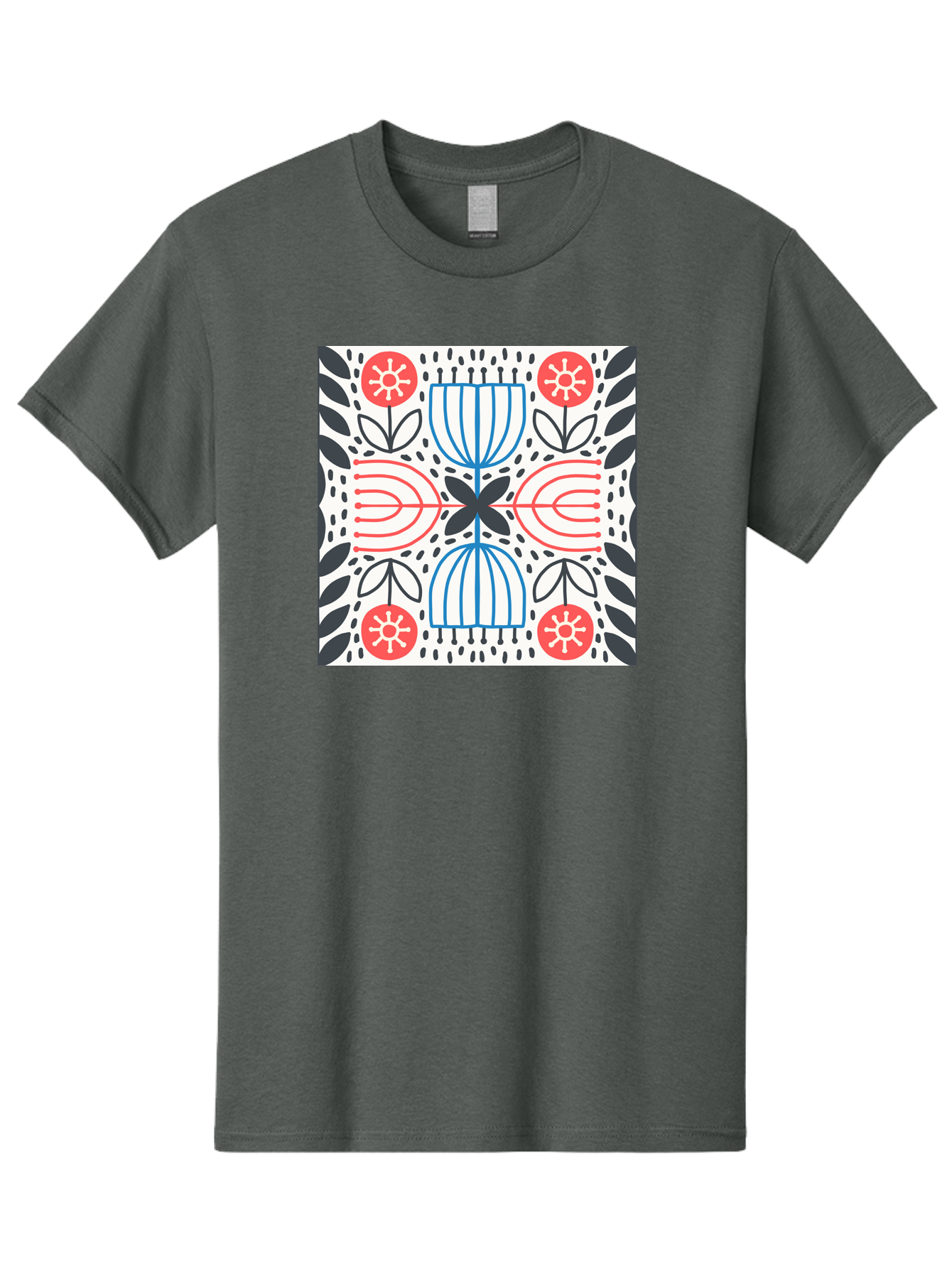 Geometric-Floral-Pattern Men'S Graphic Tee, 100% Cotton, Comfortable Casual Summer Wear, Machine Washable, Symmetrical Pattern, Floral Art, Abstract Design, Red And Blue Flowers, Black Leaves, Creative Symmetry, Geometric Shapes, Aab747