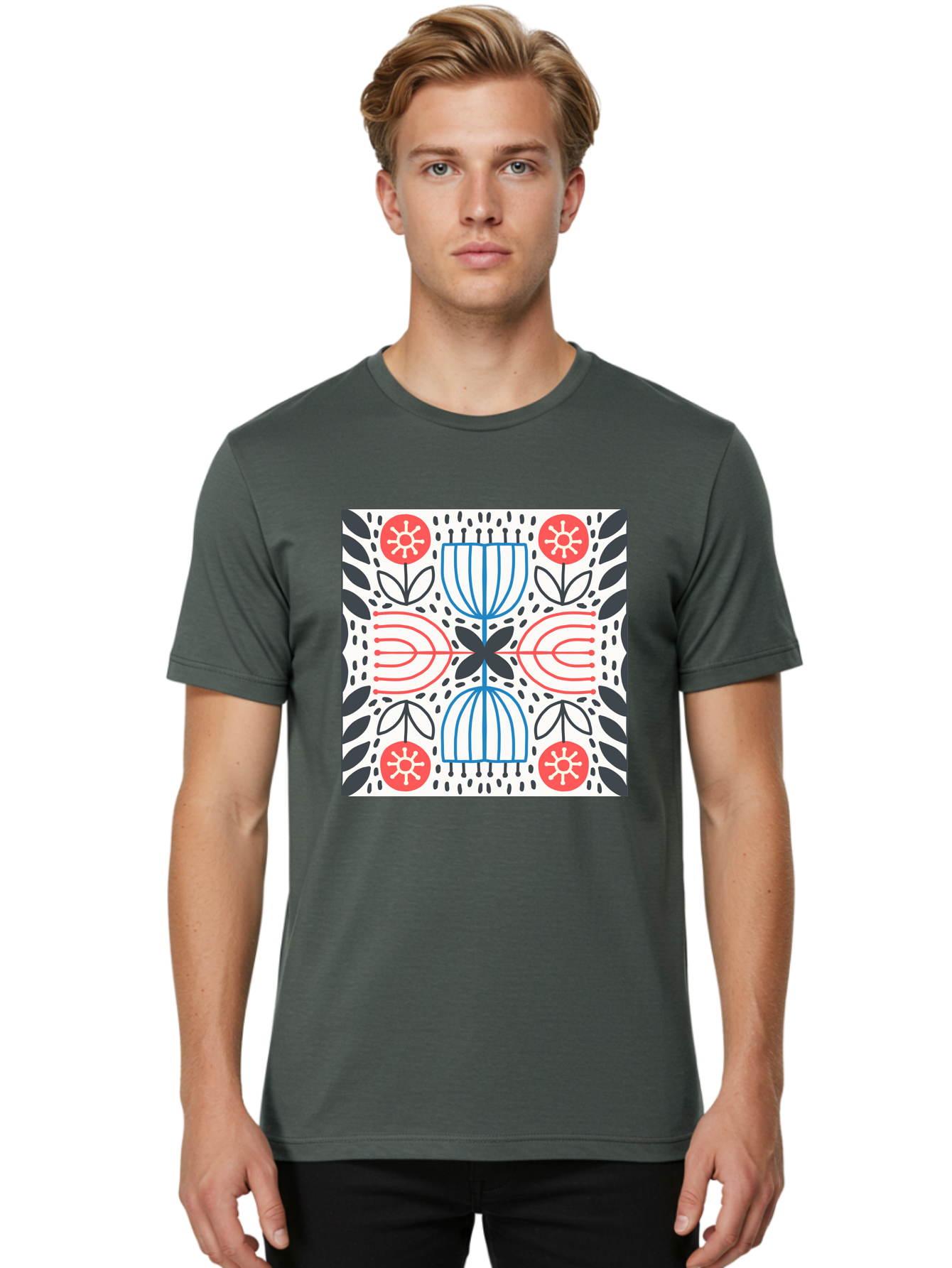 Geometric-Floral-Pattern Men'S Graphic Tee, 100% Cotton, Comfortable Casual Summer Wear, Machine Washable, Symmetrical Pattern, Floral Art, Abstract Design, Red And Blue Flowers, Black Leaves, Creative Symmetry, Geometric Shapes, Aab747