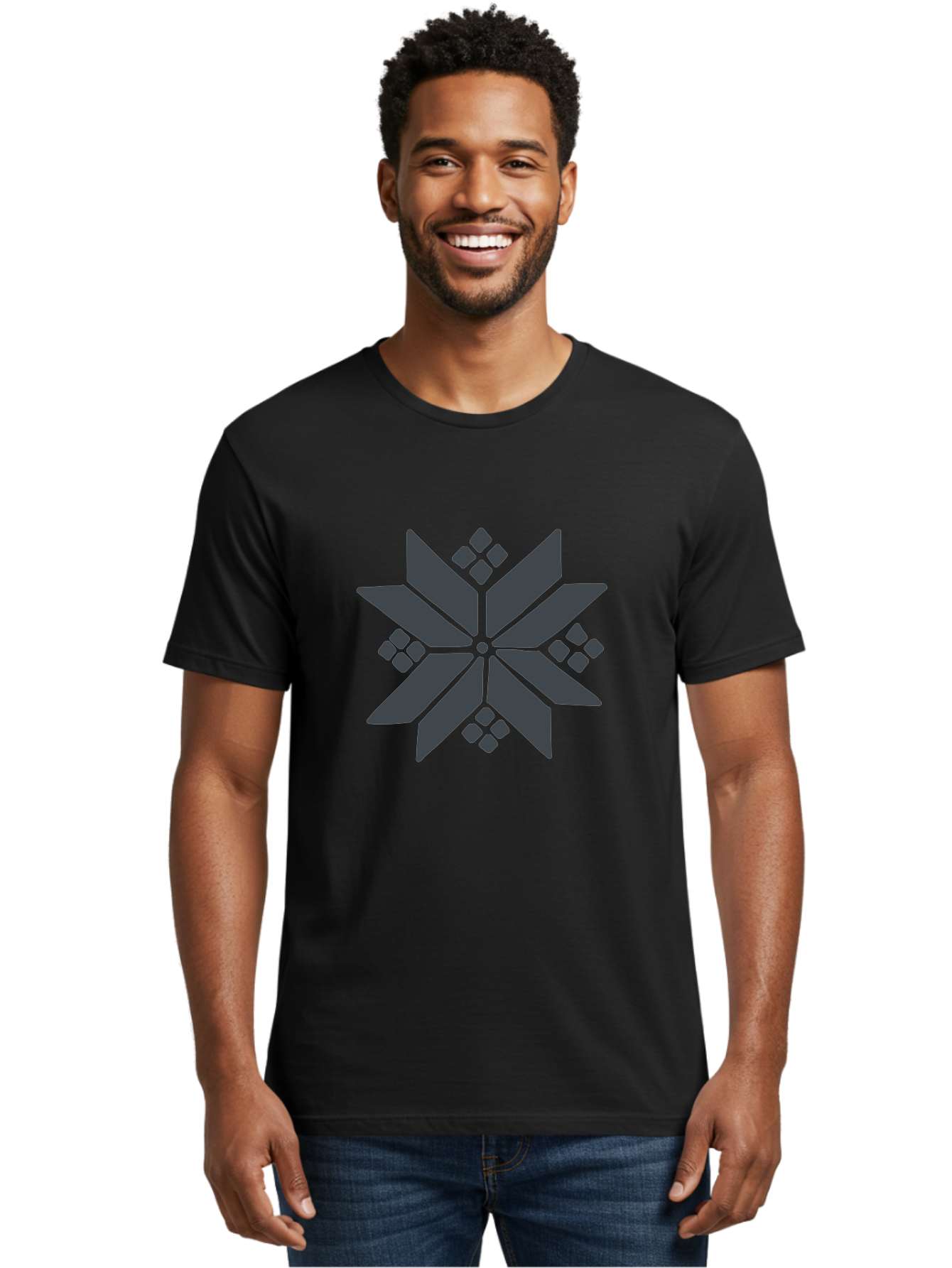 Geometric-Flower Men'S Graphic Tee, 100% Cotton, Comfortable Casual Summer Wear, Machine Washable, Grey Snowflake Design, Geometric Shapes, Symmetrical Pattern, Modern Art, Abstract Graphics, Minimalist Style, Frosty Motif Aab748