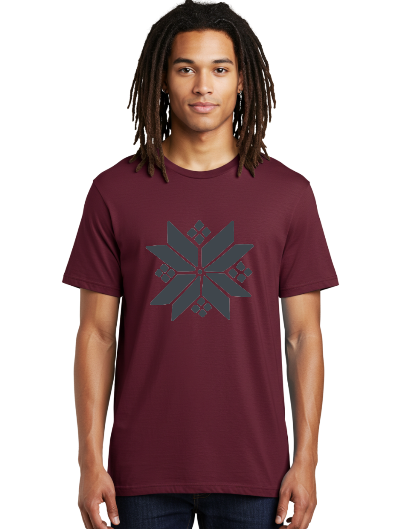 Geometric-Flower Men'S Graphic Tee, 100% Cotton, Comfortable Casual Summer Wear, Machine Washable, Grey Snowflake Design, Geometric Shapes, Symmetrical Pattern, Modern Art, Abstract Graphics, Minimalist Style, Frosty Motif Aab748