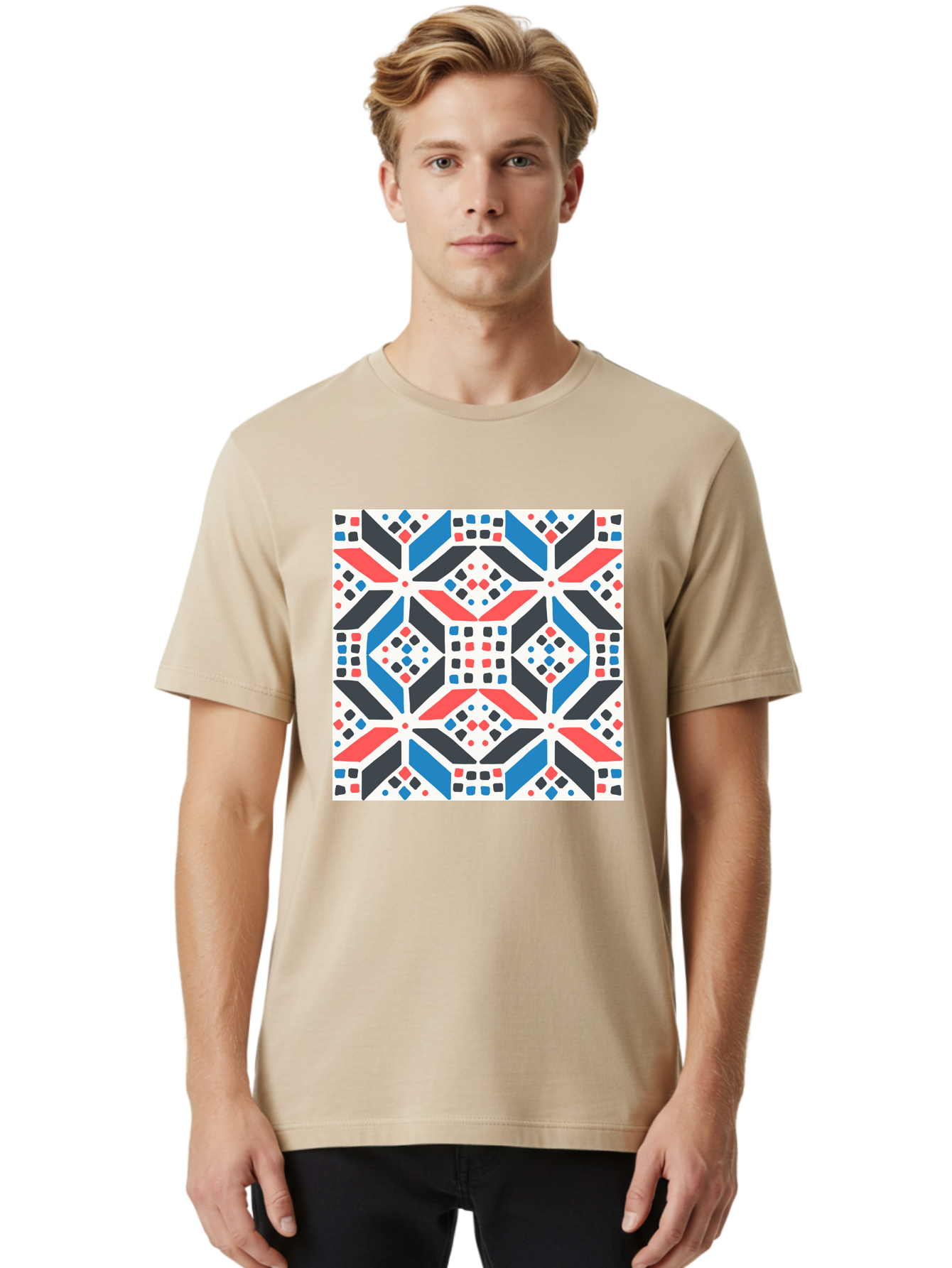 Geometric-Pattern-1 Men'S Graphic Tee, 100% Cotton, Comfortable Casual Summer Wear, Machine Washable, Geometric Pattern, Abstract Design, Colorful Shapes, Diamond Pattern, Bold Colors, Modern Art, Geometric Art, Symmetrical Design, Aab749