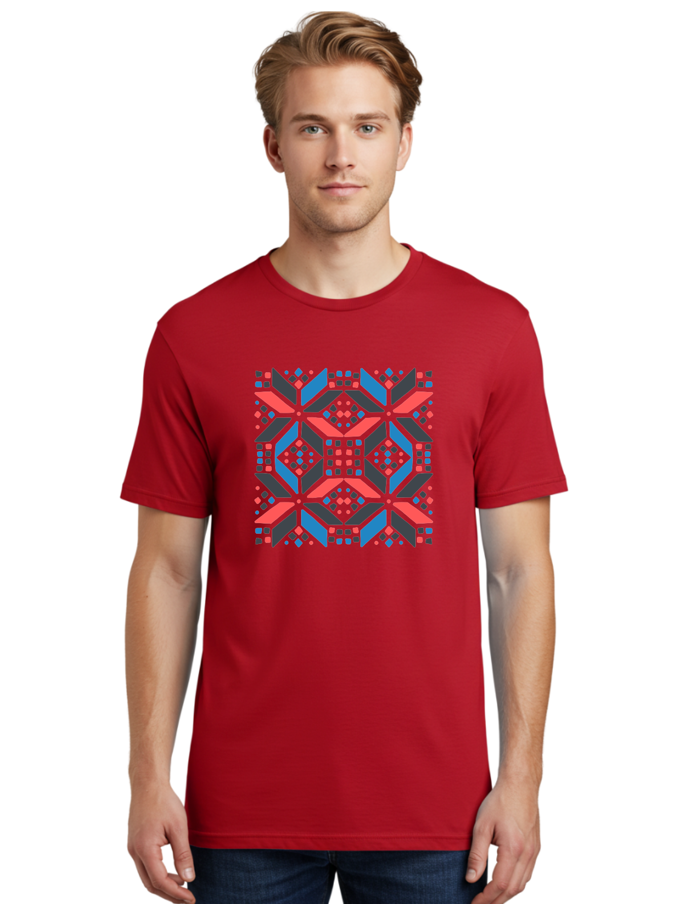 Geometric-Pattern-2 Men'S Graphic Tee, 100% Cotton, Comfortable Casual Summer Wear, Machine Washable, Geometric Shapes, Vibrant Geometric Pattern, Abstract Art, Colorful Design, Modern Aesthetic, Symmetrical Pattern, Bold Colors, Aab750