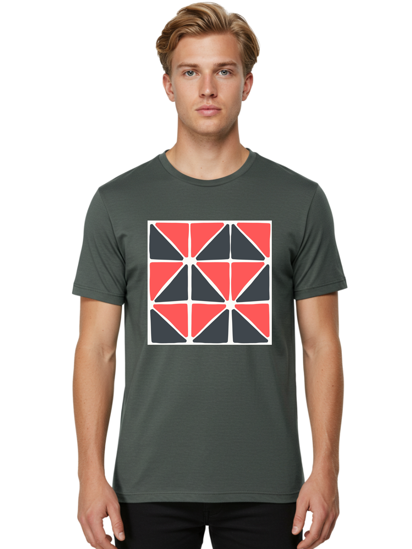 Geometric-Pattern-3 Men'S Graphic Tee, 100% Cotton, Comfortable Casual Summer Wear, Machine Washable, Geometric Pattern, Red And Black Triangles, Abstract Design, Symmetrical Shapes, Modern Art, Minimalist Style, Bold Colors, Aab751