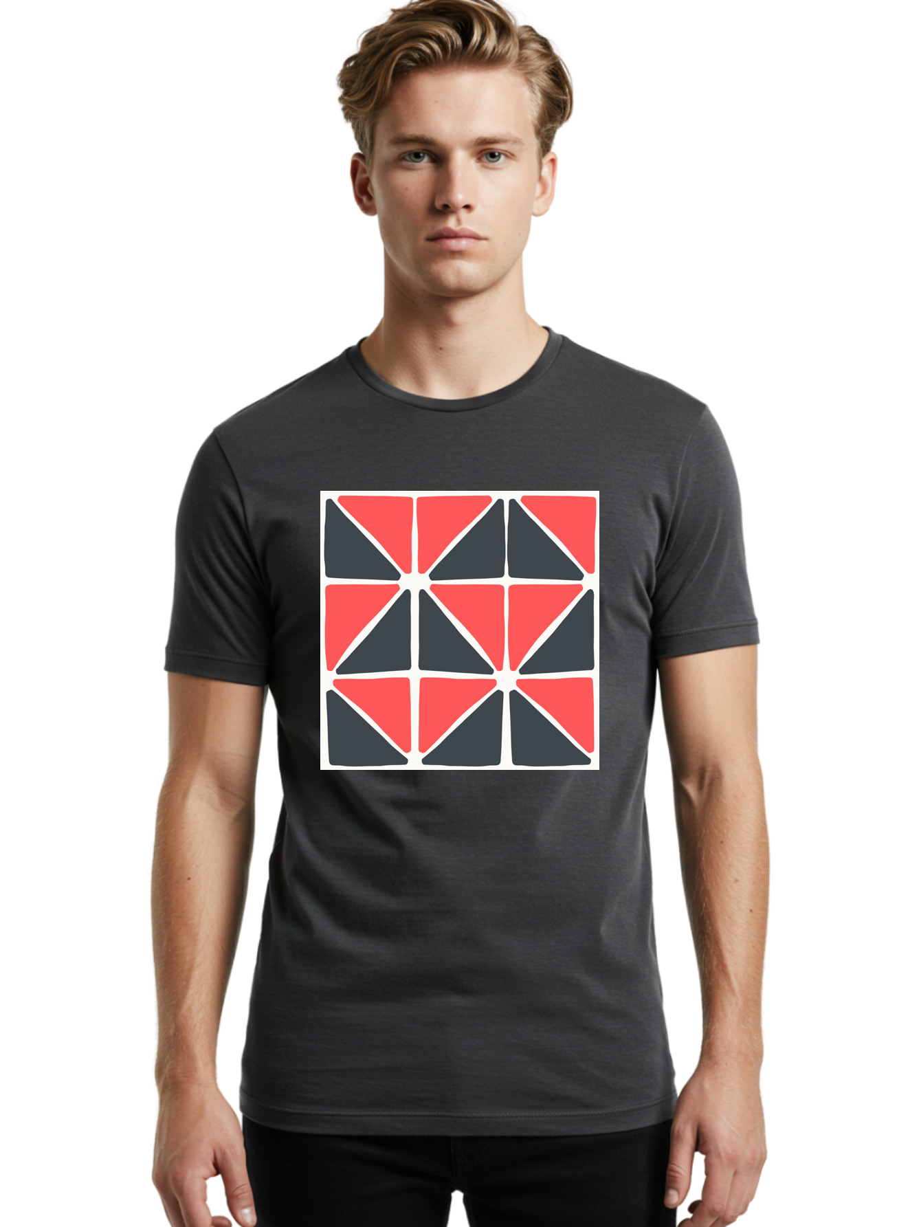 Geometric-Pattern-3 Men'S Graphic Tee, 100% Cotton, Comfortable Casual Summer Wear, Machine Washable, Geometric Pattern, Red And Black Triangles, Abstract Design, Symmetrical Shapes, Modern Art, Minimalist Style, Bold Colors, Aab751